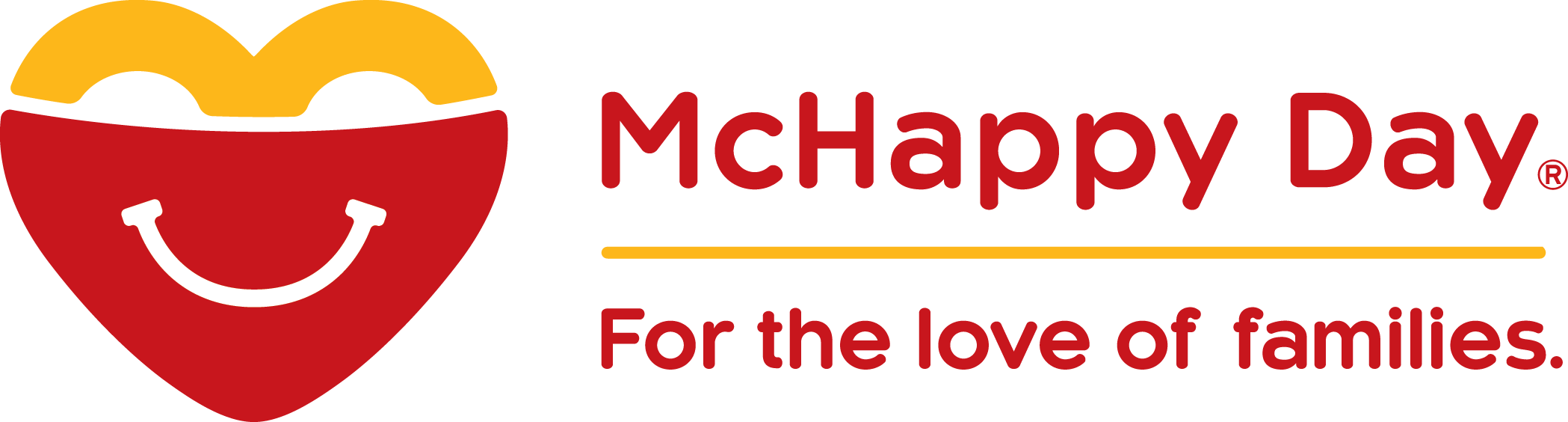 麥當勞 McHappy Day 標誌 壁紙 — 一個快樂的紅色心形，帶有黃色拱門和白色微笑標誌，旁邊是「McHappy Day」文字，推廣家庭之愛。