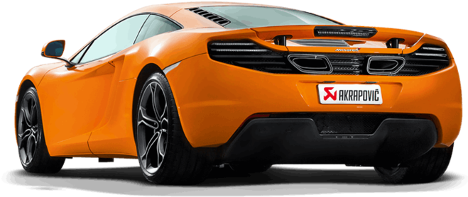 橘色 McLaren 跑車後視圖 壁紙 — 從後方觀看的鮮橙色McLaren跑車，展現流線型設計和Akrapovic排氣管。