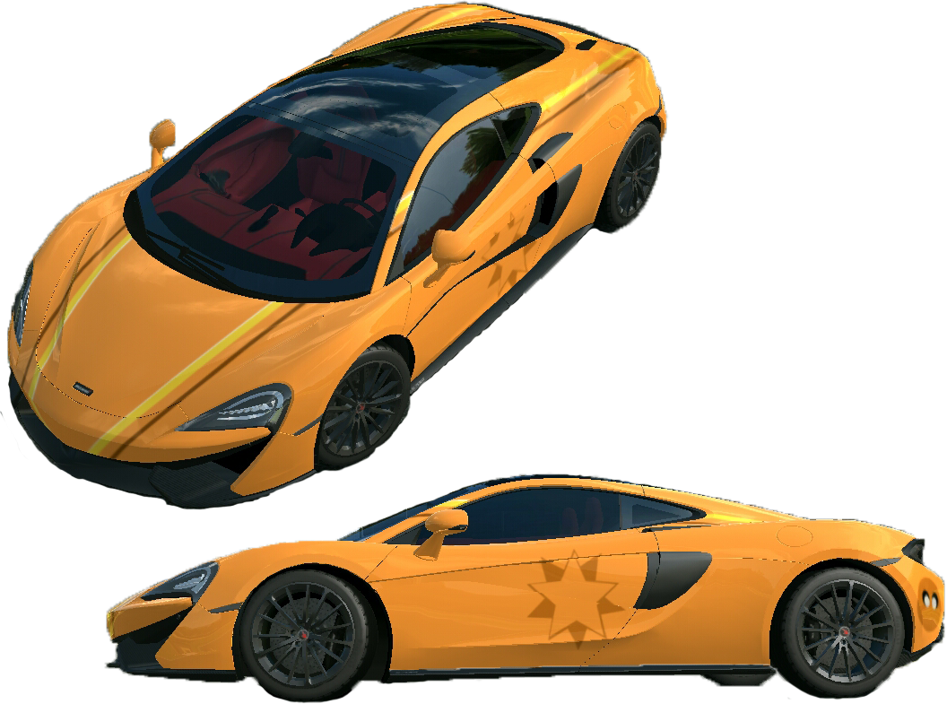 橙色McLaren跑車渲染圖 壁紙 — 充滿活力的橙色McLaren跑車以兩個角度展示，帶有黑色飾邊和紅色內飾。