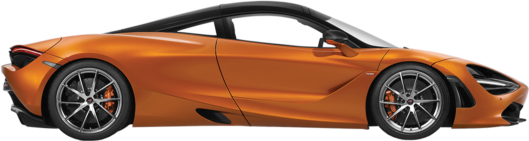 橙色McLaren側面視圖 壁紙 — 一輛時尚的橙色McLaren 720S跑車，側面展示，帶有黑色飾邊和銀色輪圈。