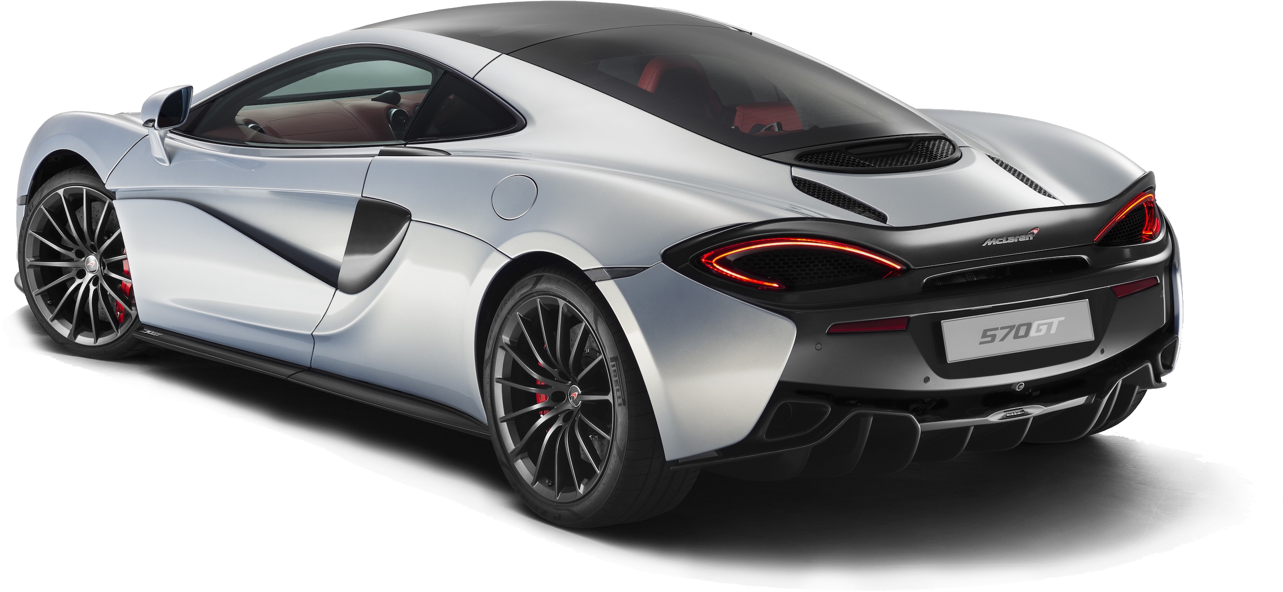 銀色McLaren 570GT運動跑車 壁紙 — 一輛時尚的銀色McLaren 570ST跑車，從後方四分之三角度拍攝，帶有發光的紅色尾燈和黑色輪圈。