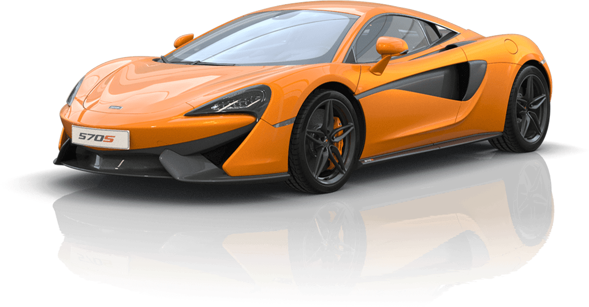 橙色McLaren 570S側面視圖 壁紙 — 一輛充滿活力的橙色McLaren 570S跑車，帶有黑色飾邊，在深色表面上呈現光澤反射。