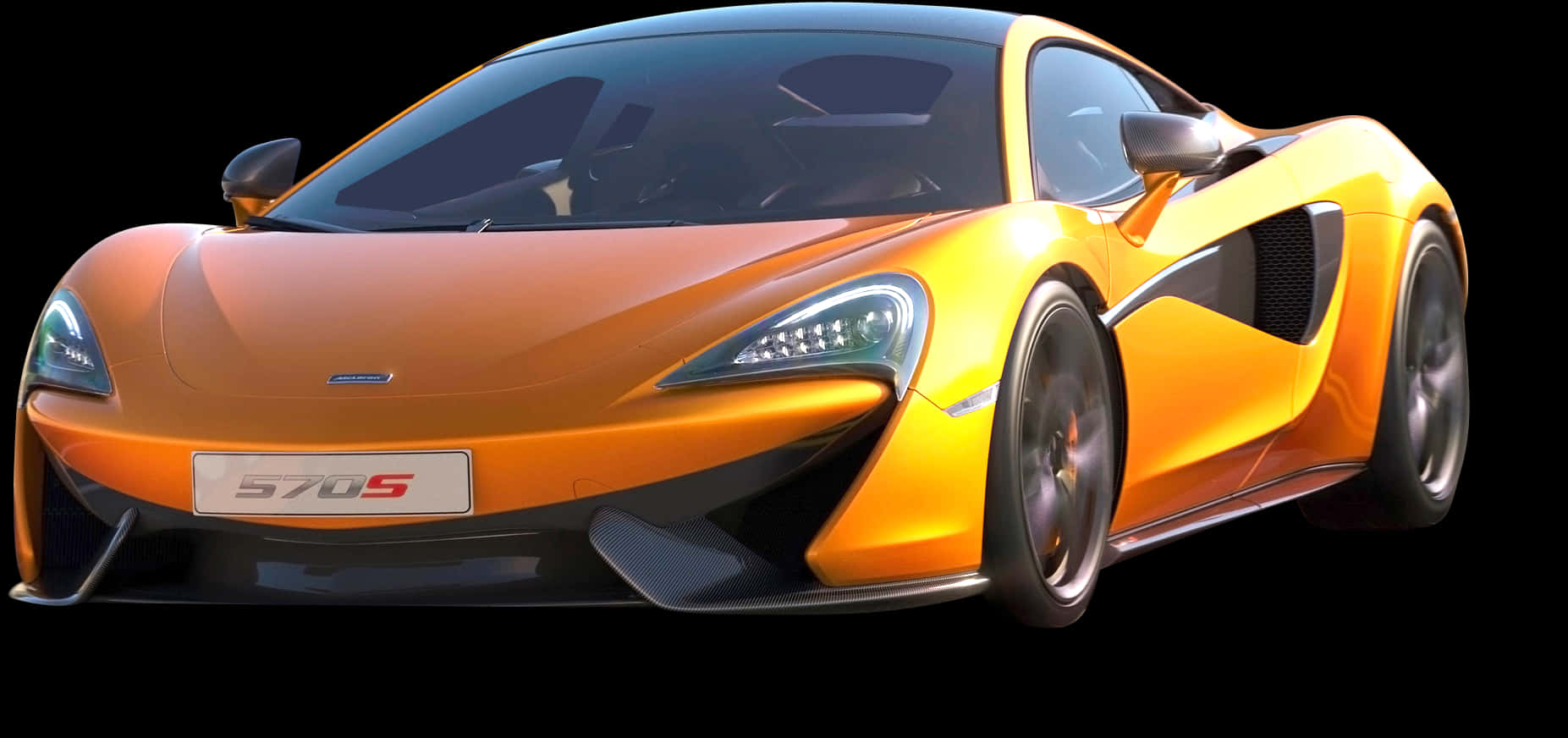 橙色McLaren 570S運動跑車 壁紙 — 一輛充滿活力的橙色McLaren 570S跑車在攝影棚燈光下，在純黑背景上閃閃發光。