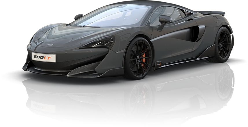 McLaren 600LT 側面視圖 壁紙 — 一輛時尚的啞光灰色McLaren 600LT跑車，配備黑色輪圈和橙色制動卡鉗，完美倒映在光亮的黑色表面上。