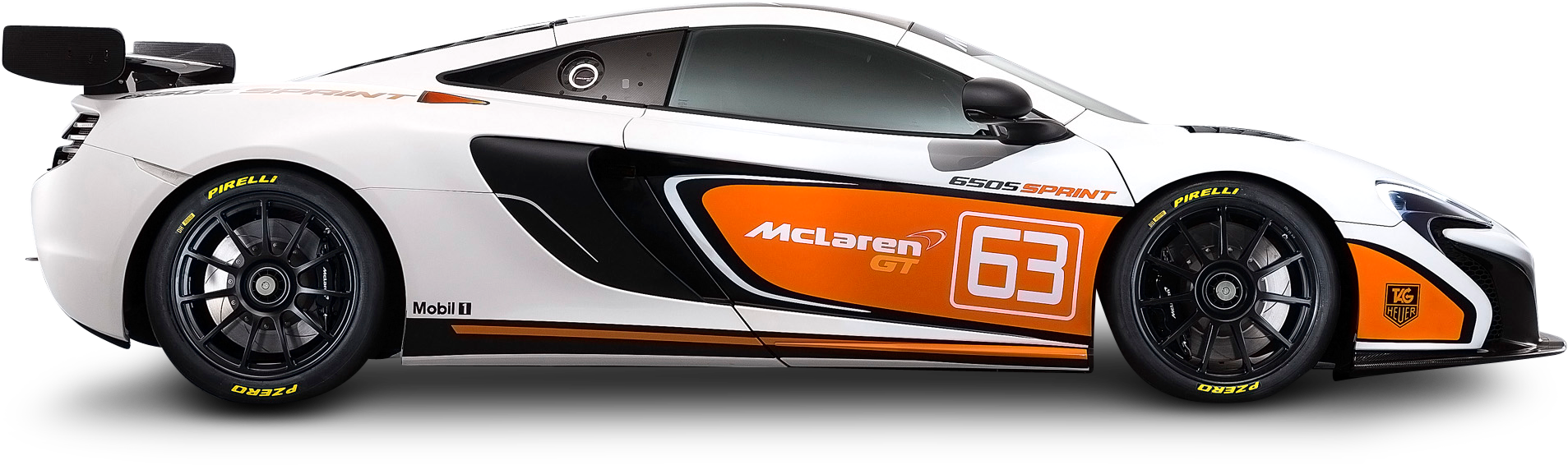 McLaren 650S Sprint賽車側面視圖 壁紙 — 一架時尚的白色McLaren 650S Sprint賽車，帶有橙色點綴和63號，背景為黑色。