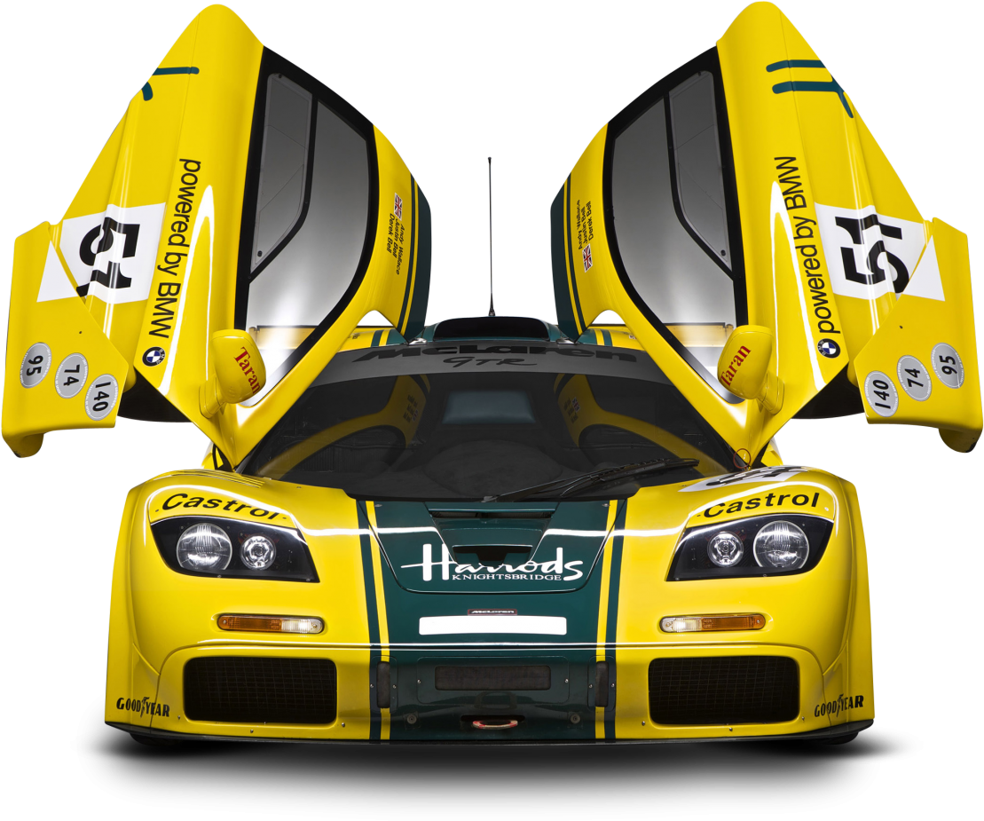 黃色McLaren F1 GTR賽車正面 壁紙 — 一輛鮮黃色McLaren F1 GTR賽車，鷗翼車門打開，黑色背景。