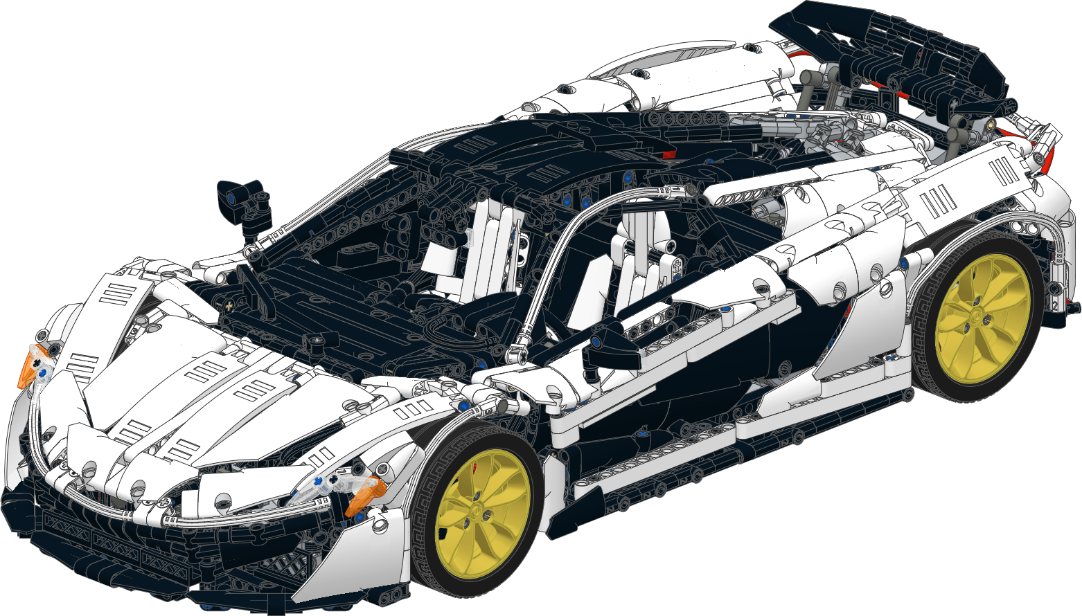 McLaren超跑技術分解圖 壁紙 — 一輛時尚的白色LEGO Technic跑車，帶有黃色車輪和暴露的機械細節，背景為黑色。