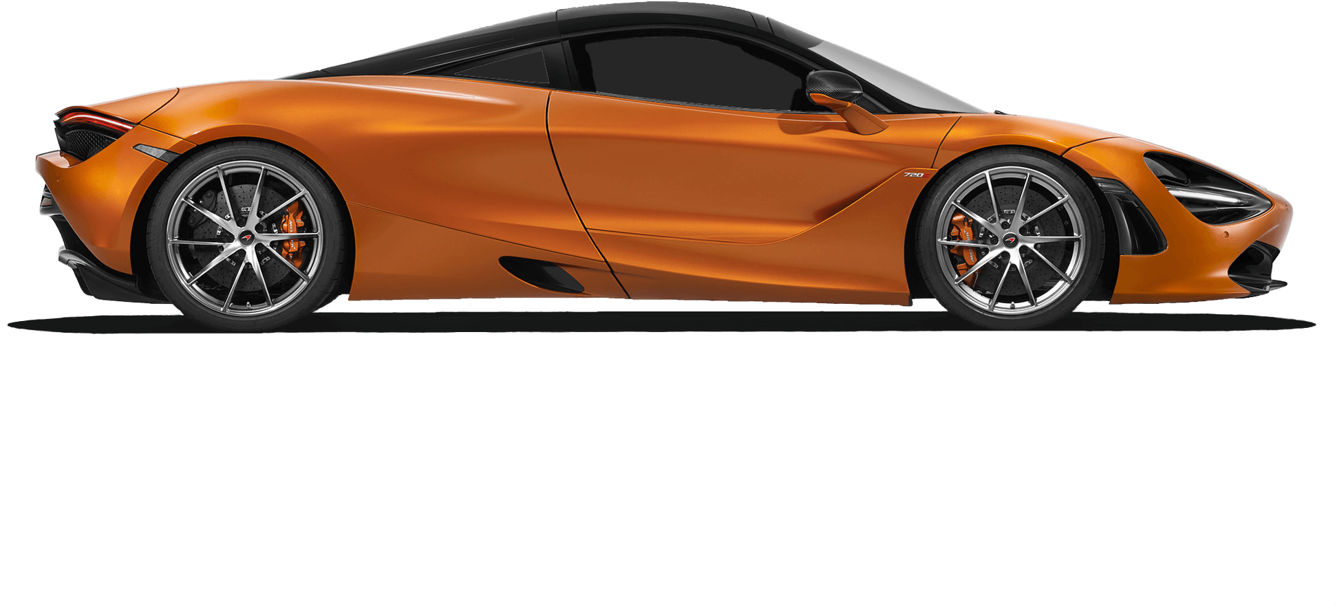 橙色McLaren側面視圖 壁紙 — 一輛時尚的橙色McLaren 720S跑車，在黑色背景上以側面展示，可見制動卡鉗和空氣動力學曲線。