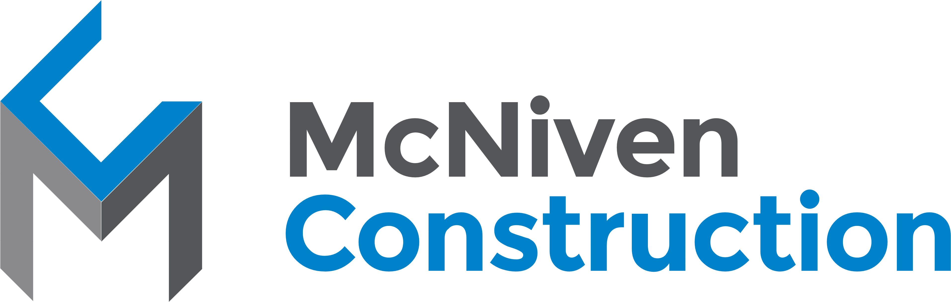 McNiven建築公司標誌 壁紙 — 現代建築公司標誌，採用時尚的藍色和灰色「M」圖標，黑色背景上帶有粗體文字。