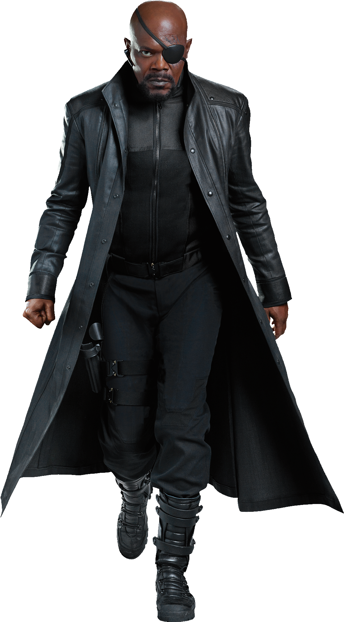 尼克·福瑞 MCU 畫像 壁紙 — 一個光頭男人，戴著黑色眼罩和皮褸，站在黑色背景前。