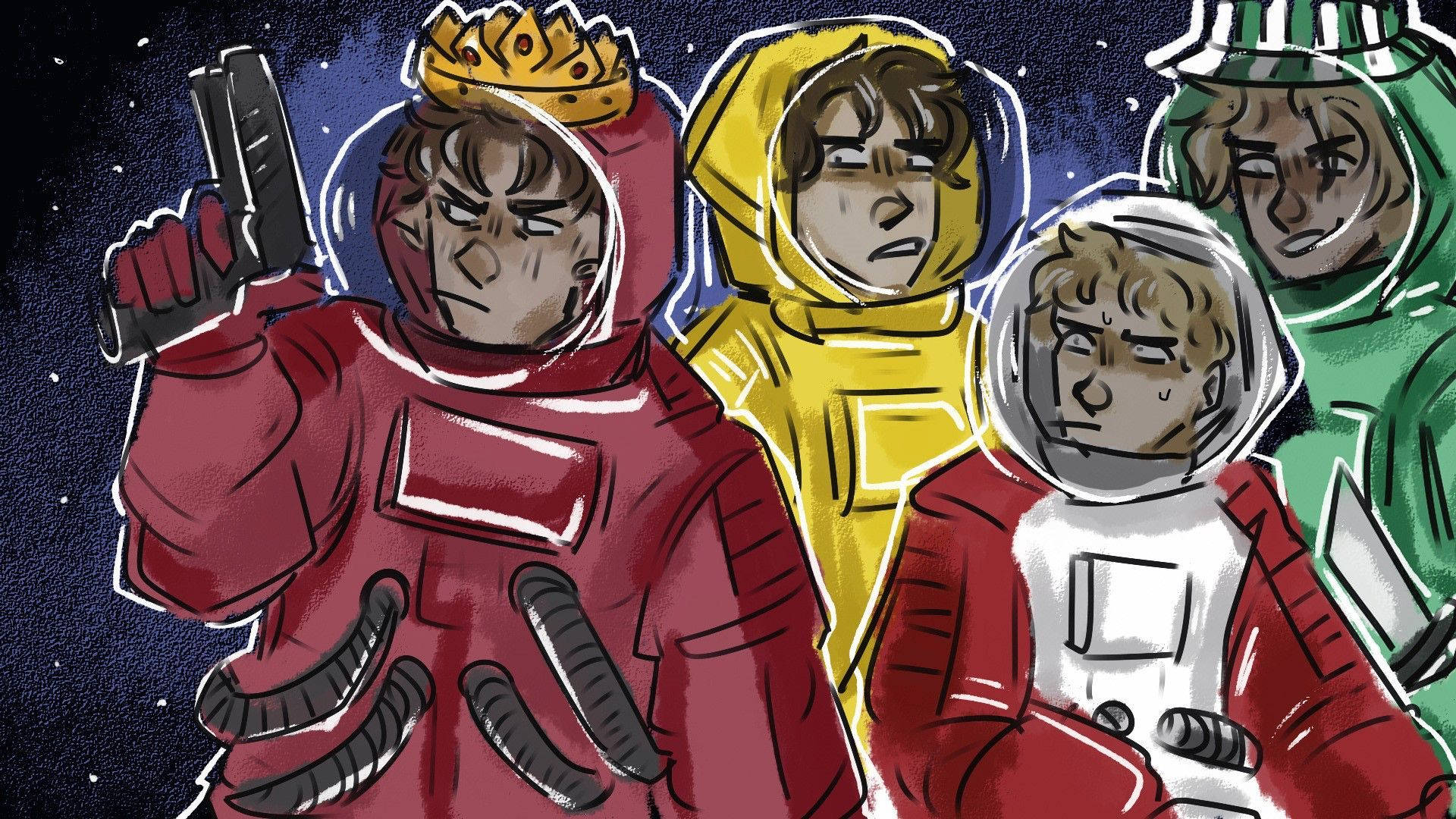 MCYT《Among US》太空服壁紙 壁紙 — 四個插圖太空人身穿彩色太空服，站在星光燦爛的太空背景前，其中一個手持槍械並戴著皇冠。