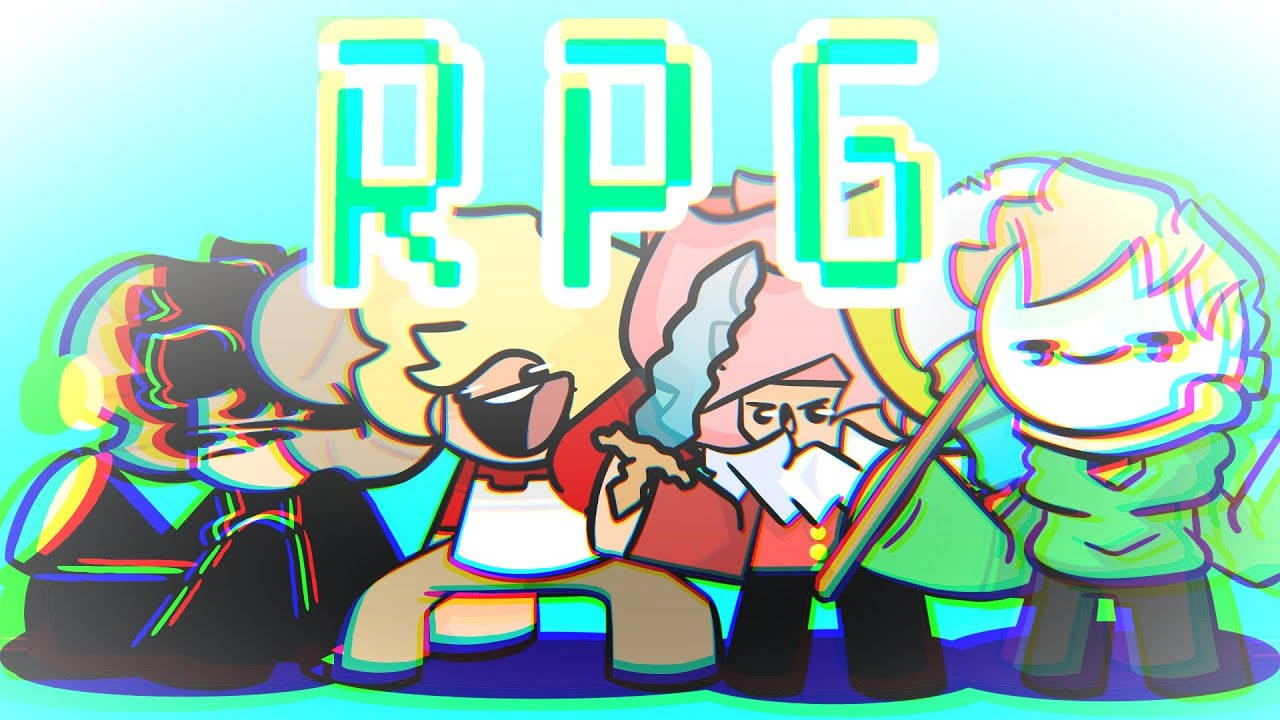 MCYT RPG冒險角色壁紙 壁紙 — 像素藝術RPG角色帶有故障效果，站在發光綠色字母下，背景為青色。