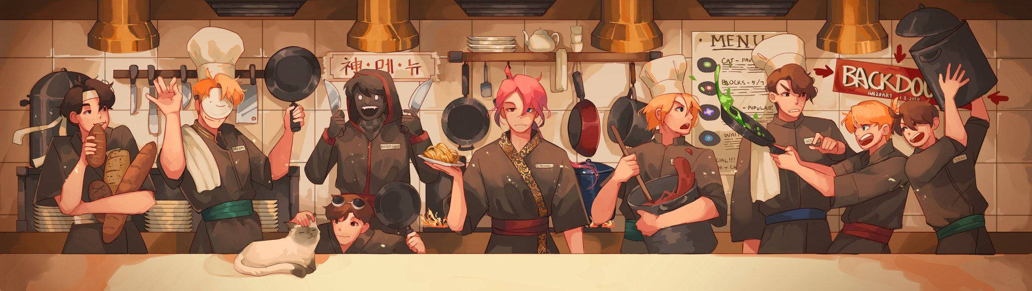 MCYT 廚師造型 壁紙 — 一個充滿活力的動漫廚房場景，廚師們穿著制服，充滿活力地拿著平底鍋擺姿勢，還有一隻貓在櫃檯上休息。