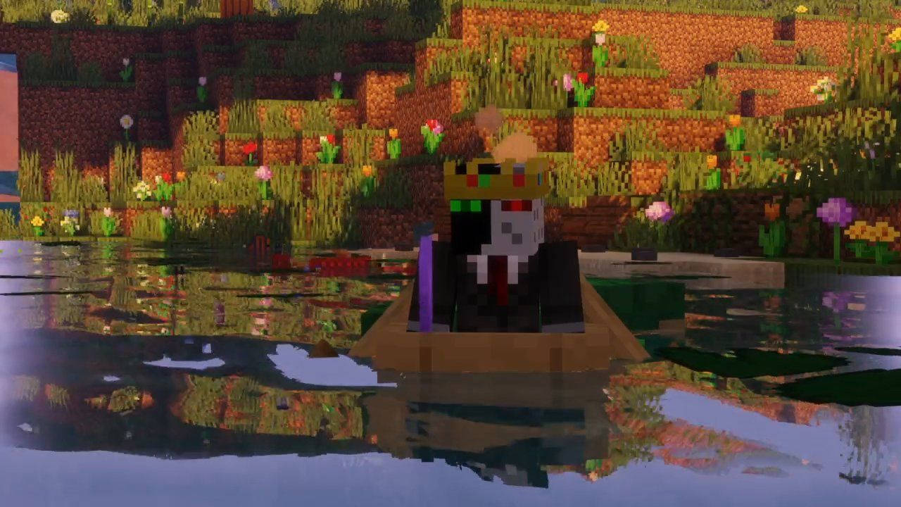 MCYT 海上冒險啟程 壁紙 — 一個像素化的Minecraft角色戴著皇冠，划船穿過平靜的湖面，湖面倒映著色彩繽紛的花朵和梯田山坡。