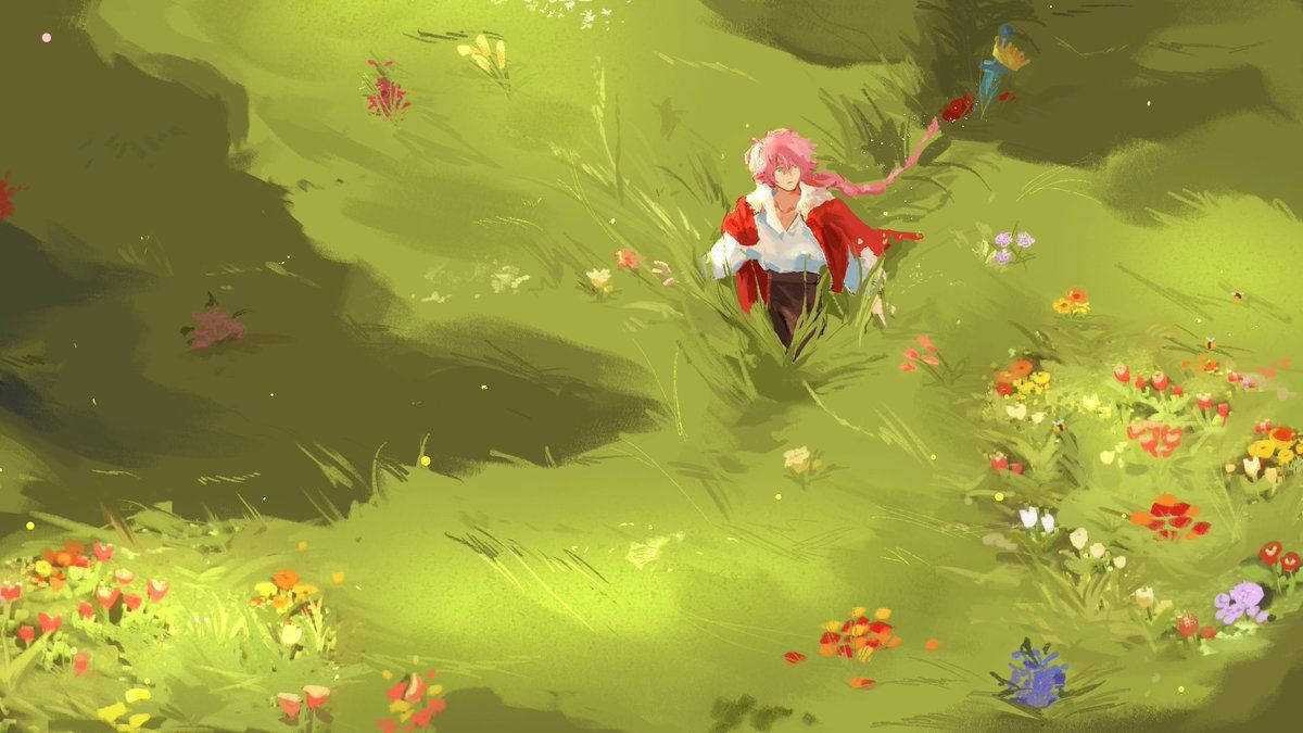 MCYT 粉髮國王草地上探險 壁紙 — 一位粉紅色頭髮的動漫女孩穿著紅色外套，走過陽光明媚、開滿五顏六色野花的草地。