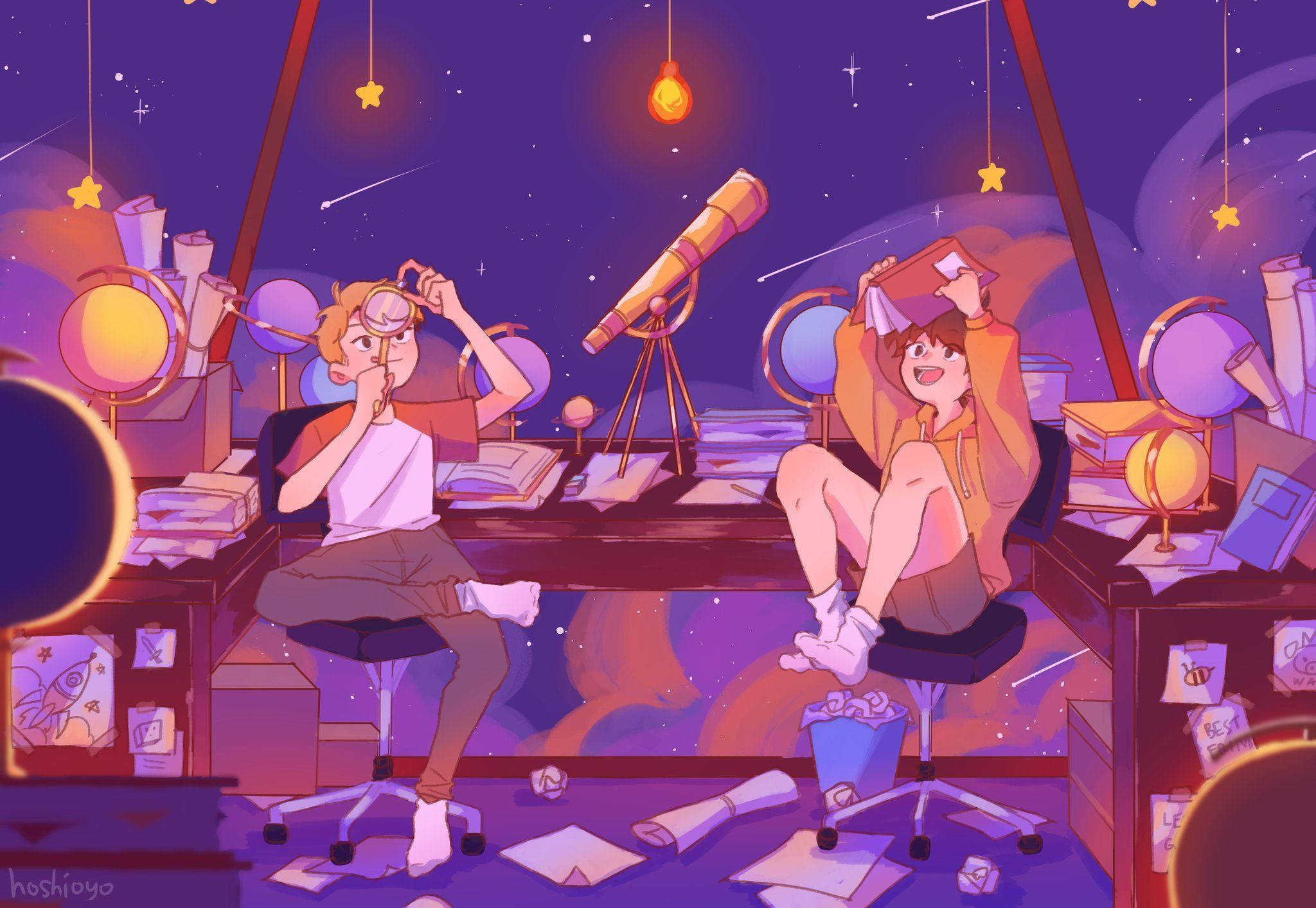 MCYT仰望星空 壁紙 — 兩個動畫男孩在一個掛滿星星和望遠鏡的紫色星空房間裡，在散落的紙張和發光的地球儀之間學習和放鬆。