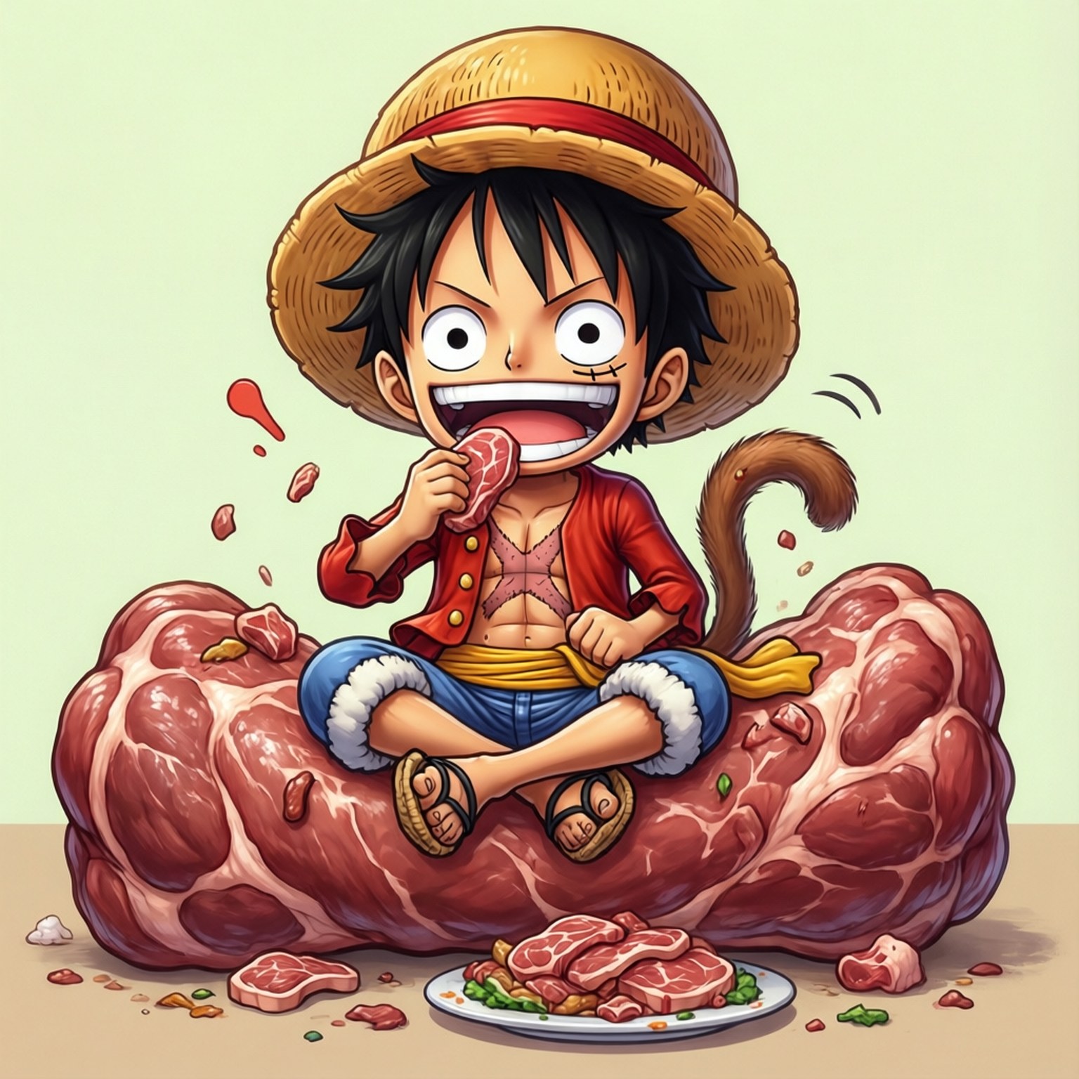 Meat-Loving Luffy 壁紙 — 一個戴草帽的卡通男孩快樂地吃肉，坐在一大塊生牛肉上，旁邊有一盤牛排。