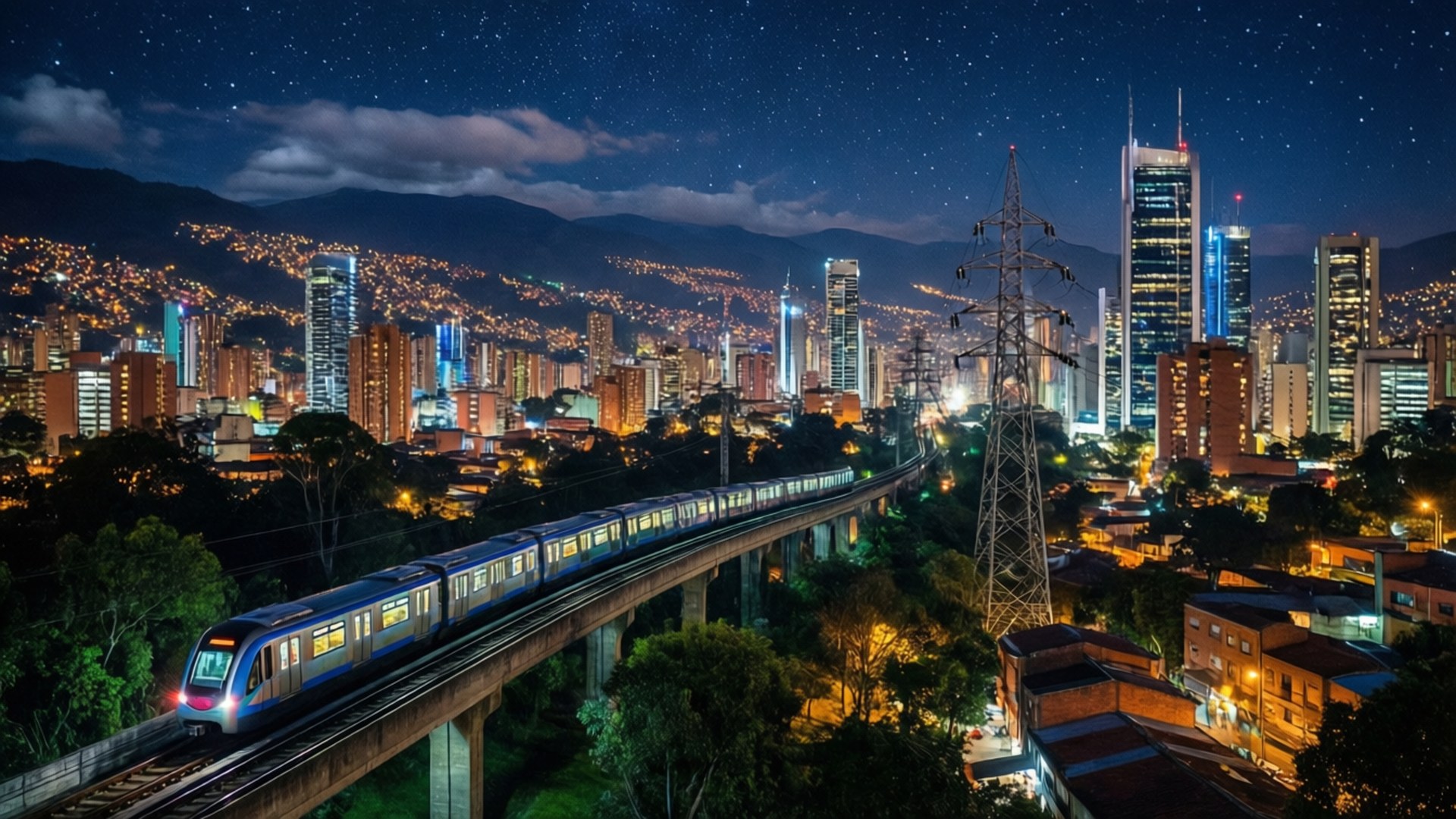 一列藍色火車在星空下，夜間穿過燈火通明的城市，行駛在高架軌道上。