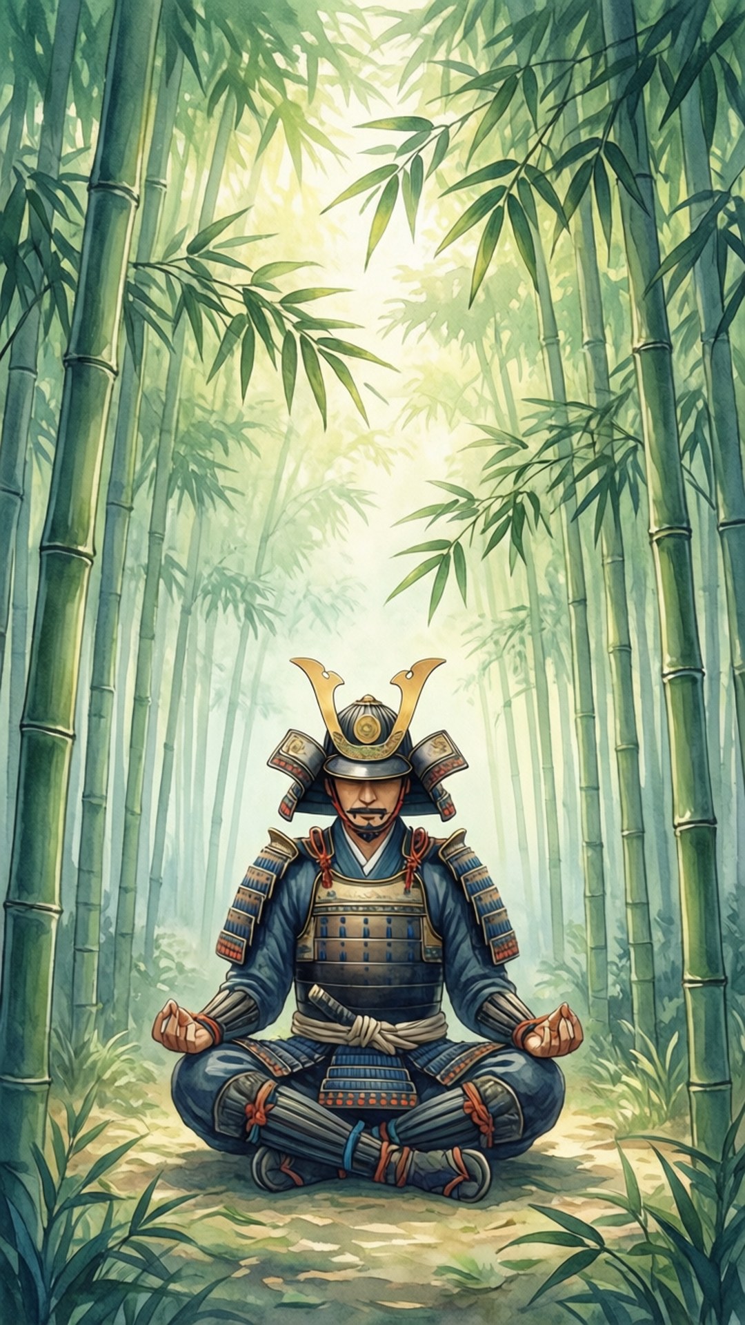 武士在竹林裡冥想，柔和的陽光透過樹葉灑落。