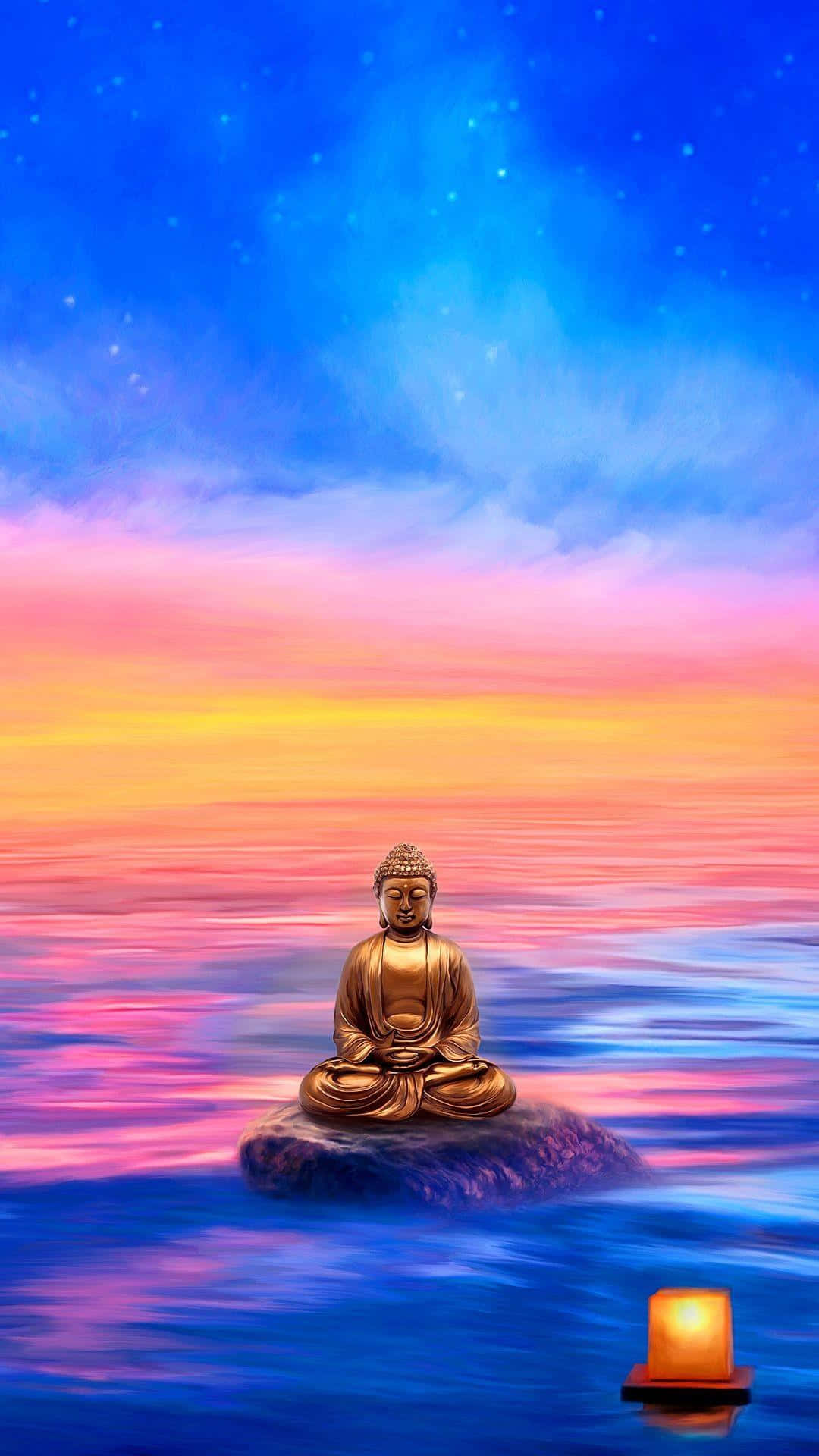 用Meditation Iphone為生活騰出寧靜空間 壁紙 — 金色佛像在星空下，於充滿活力的暮色海洋中的岩石上靜謐冥想，附近有一盞發光的燈籠。