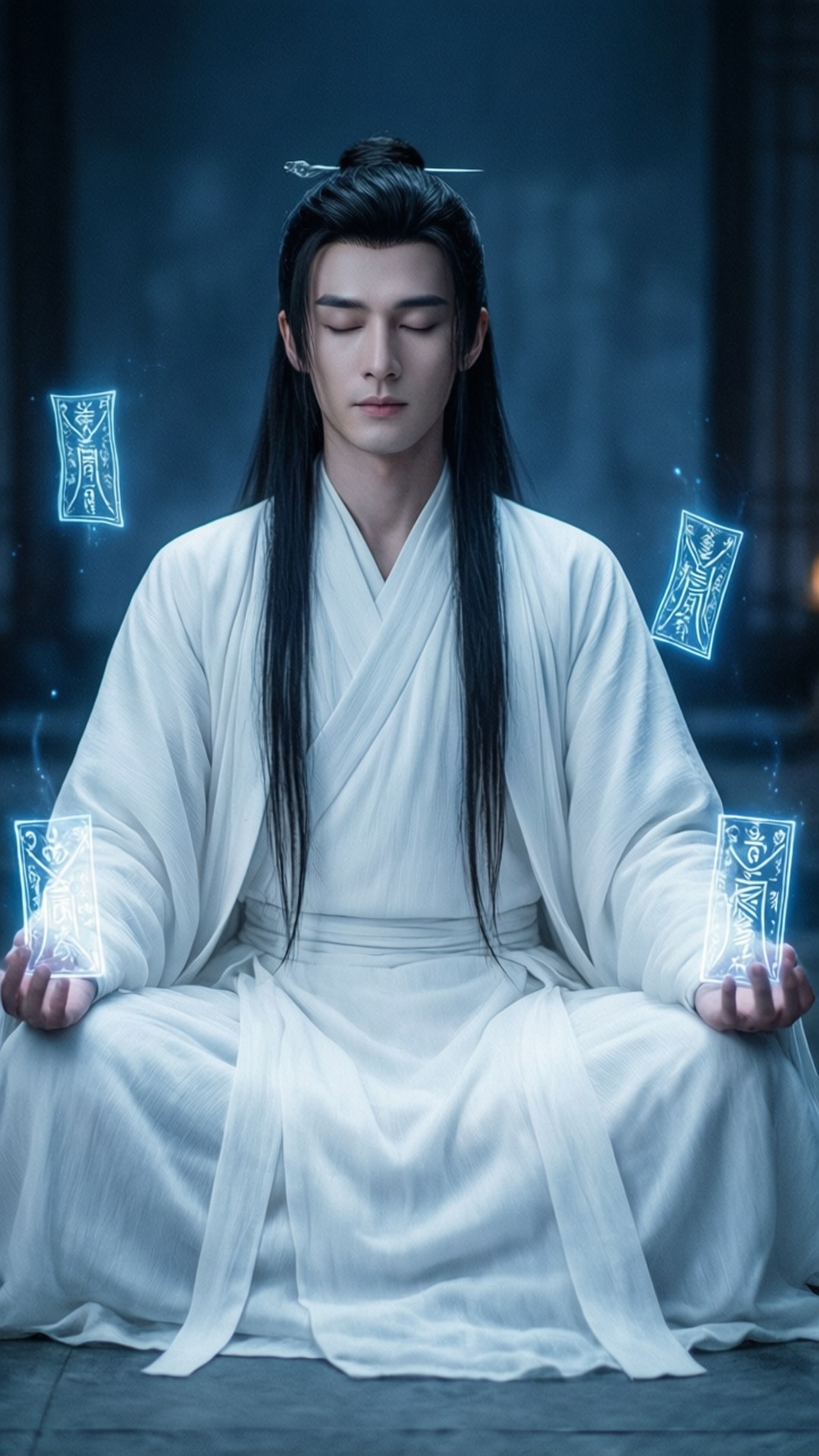 一位身穿白色長袍的男子在黑暗的古老環境中冥想，發光的藍色符號漂浮在他的雙手之上。