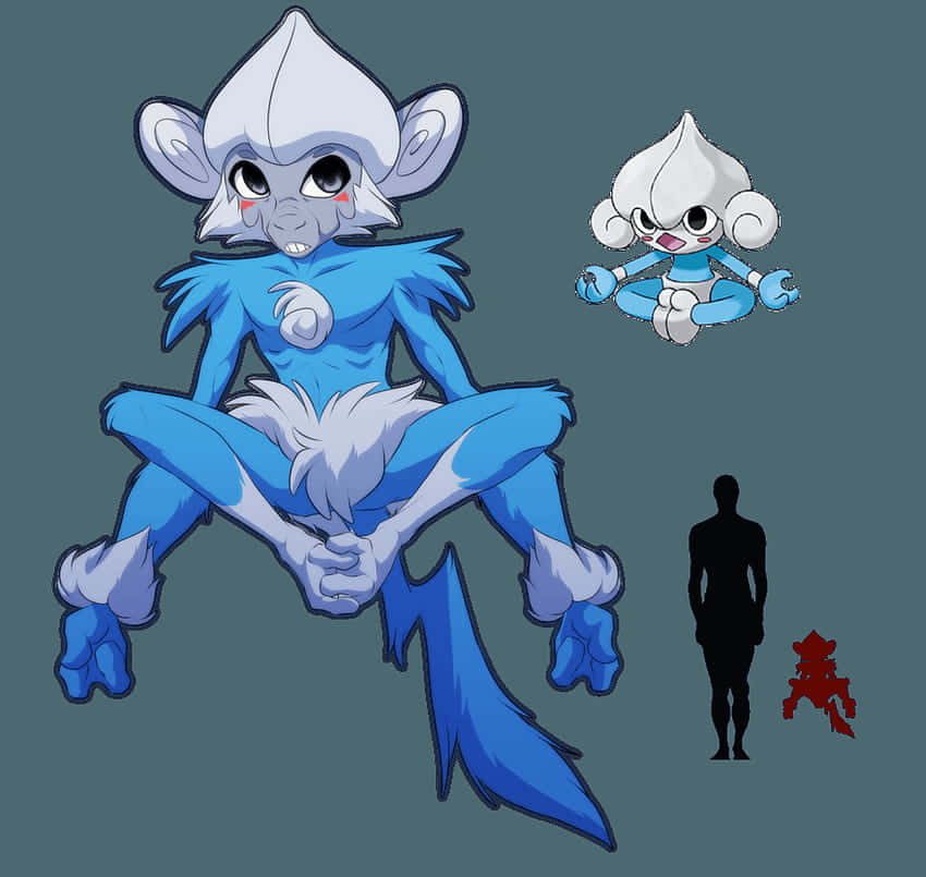 擬人化藍色猴子，白色毛髮和尾巴，以兩種尺寸顯示在人類剪影旁邊。