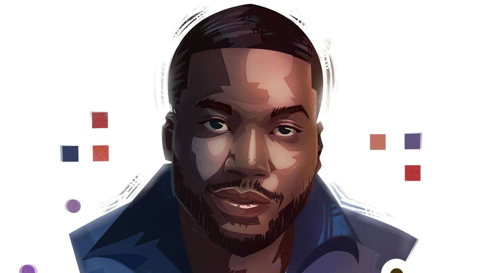 Meek Mill奇幻藝術 壁紙 — 一幅風格化的數碼插圖，描繪一位留鬍鬚、表情嚴肅的男子，被漂浮的彩色方塊環繞，背景為白色。