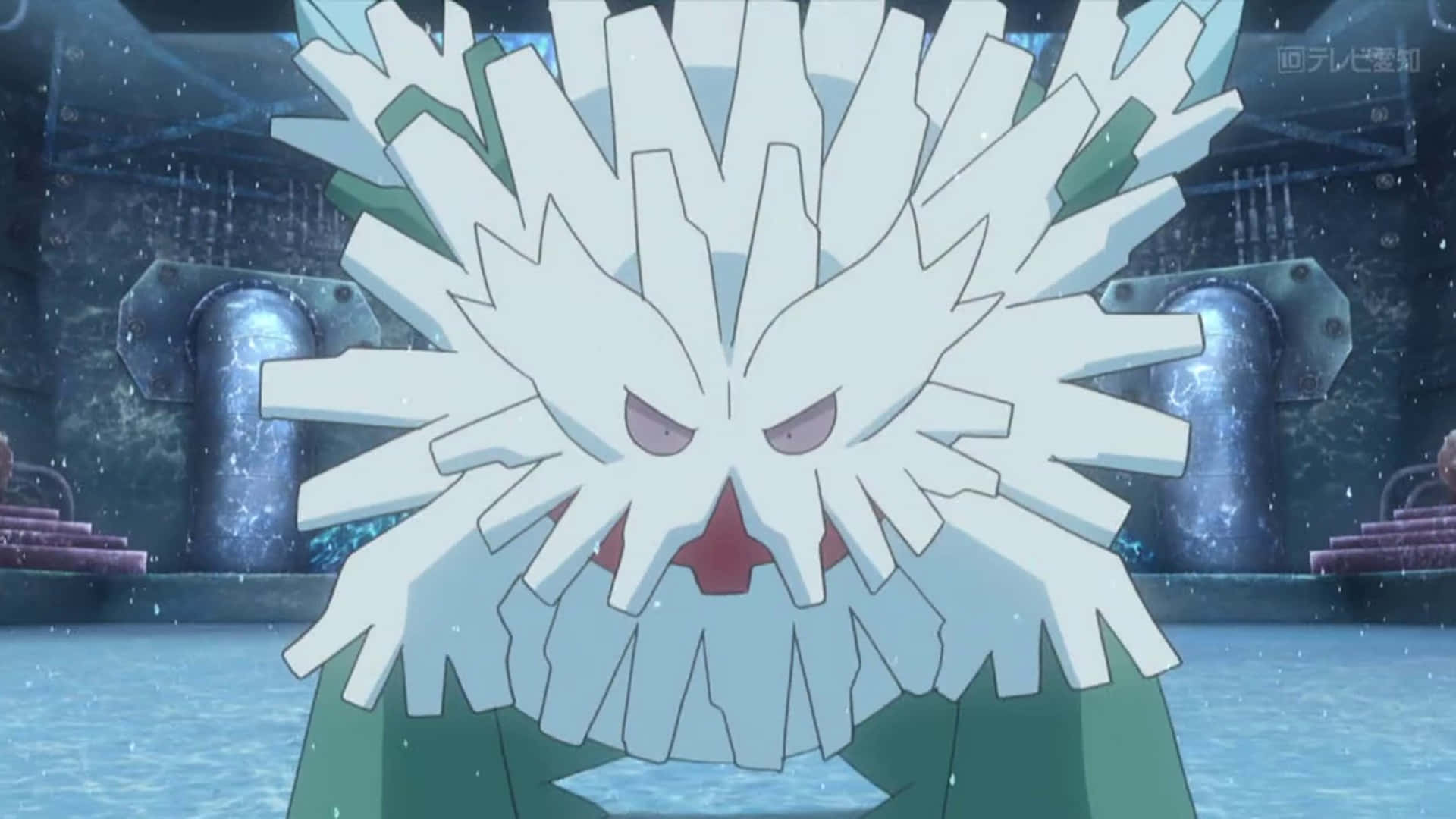 Mega Abomasnow 正面照 壁紙 — 一個像雪花一樣帶有鋒利白色尖刺和紅色嘴巴的威脅性寶可夢，站在雪白的工業環境中。