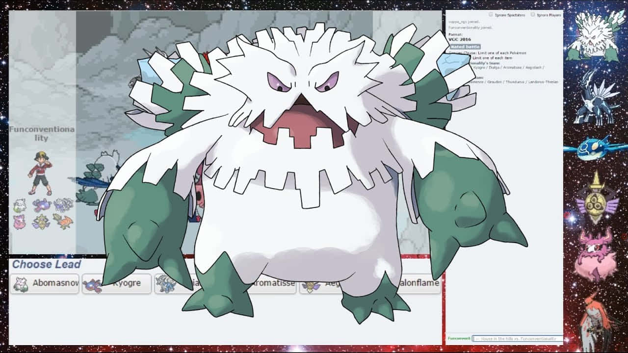 Mega Abomasnow 對比遊戲圖像 壁紙 — 一隻被雪覆蓋、氣勢洶洶的暴雪王站在寶可夢戰鬥介面的中央，背景是星光閃爍的宇宙。
