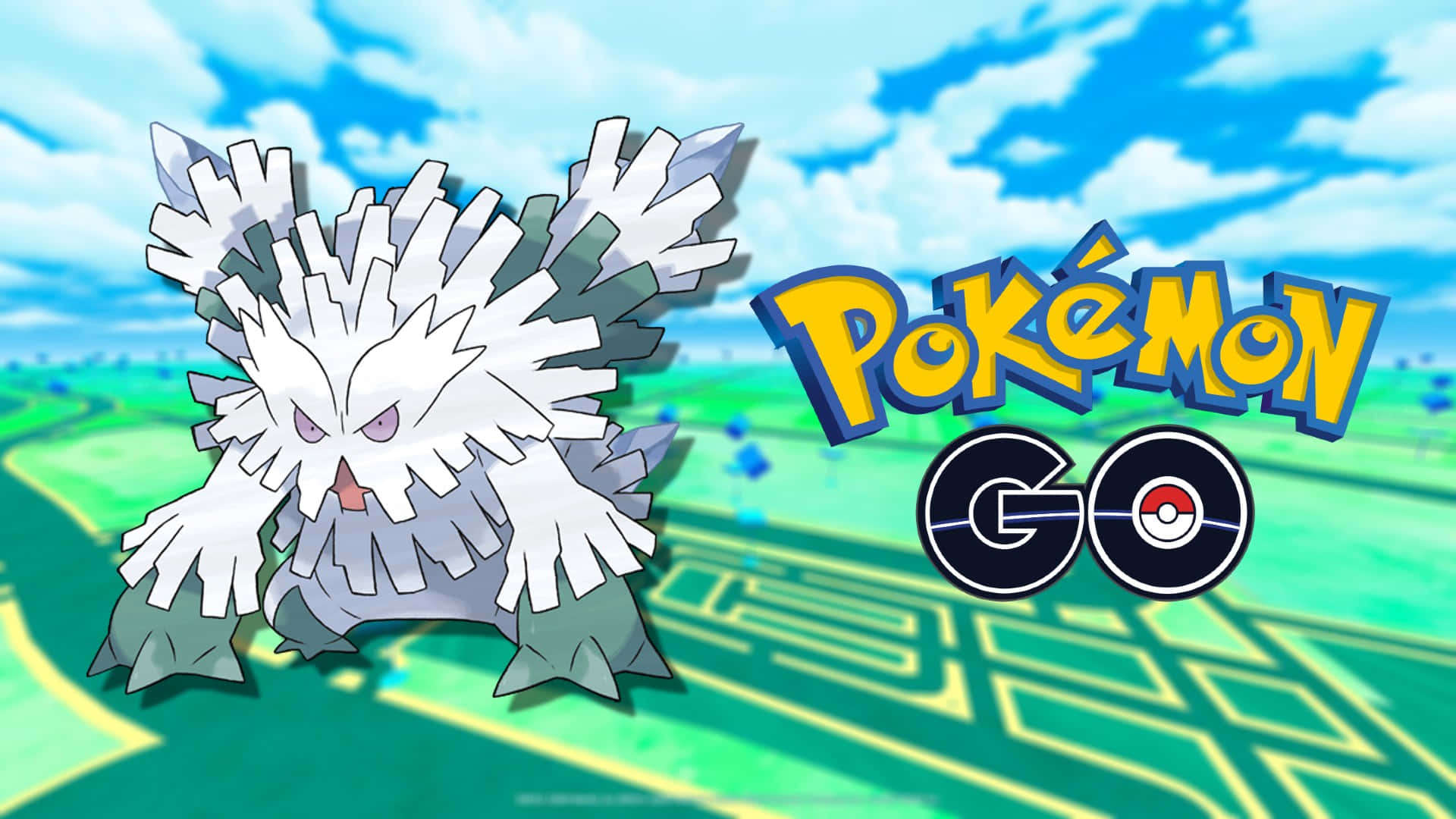 暴雪王寶可夢在綠色田野中，帶有Pokémon GO標誌