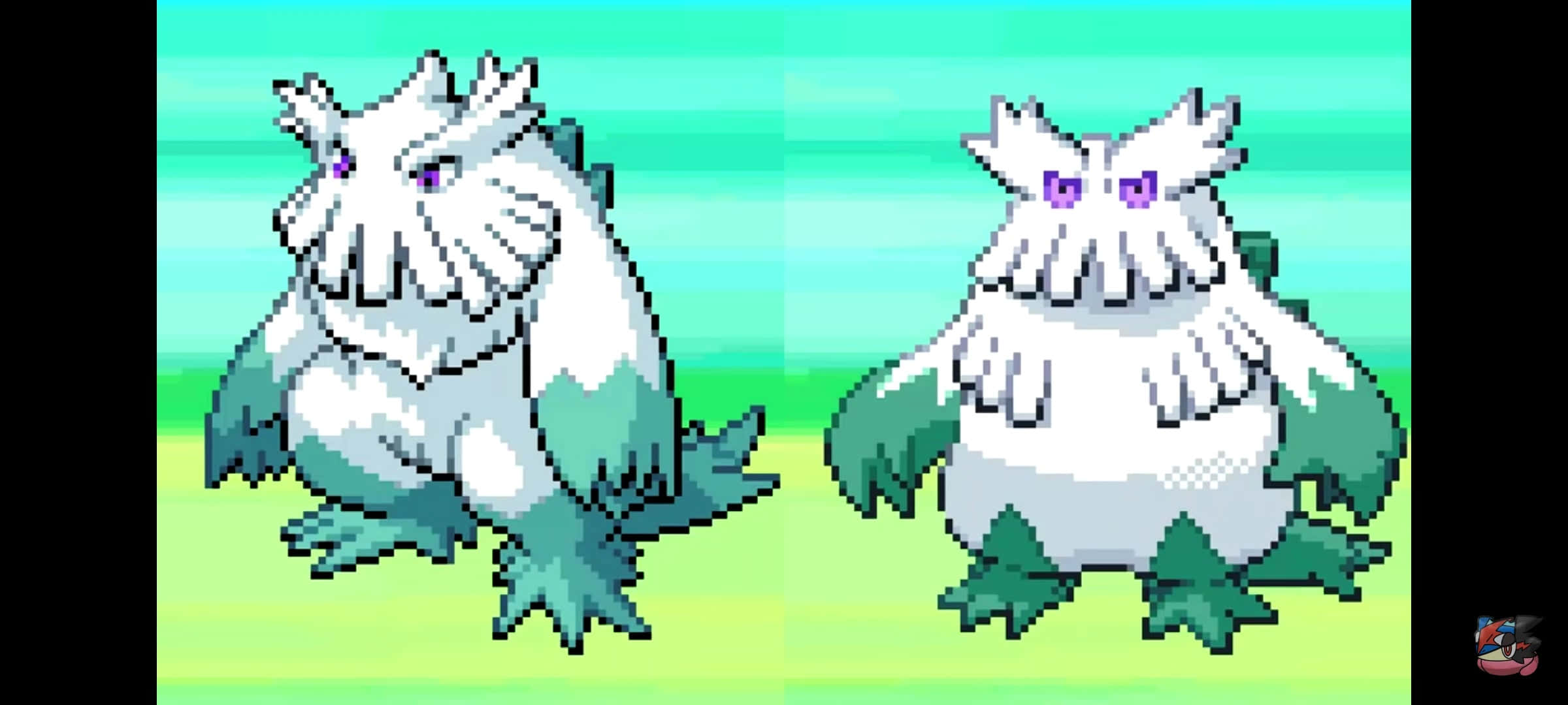 mega abomasnow與普通abomasnow 壁紙 — 兩隻像素化的白色和藍綠色寶可夢，紫色眼睛，並排站在綠色和藍色的漸變背景前。