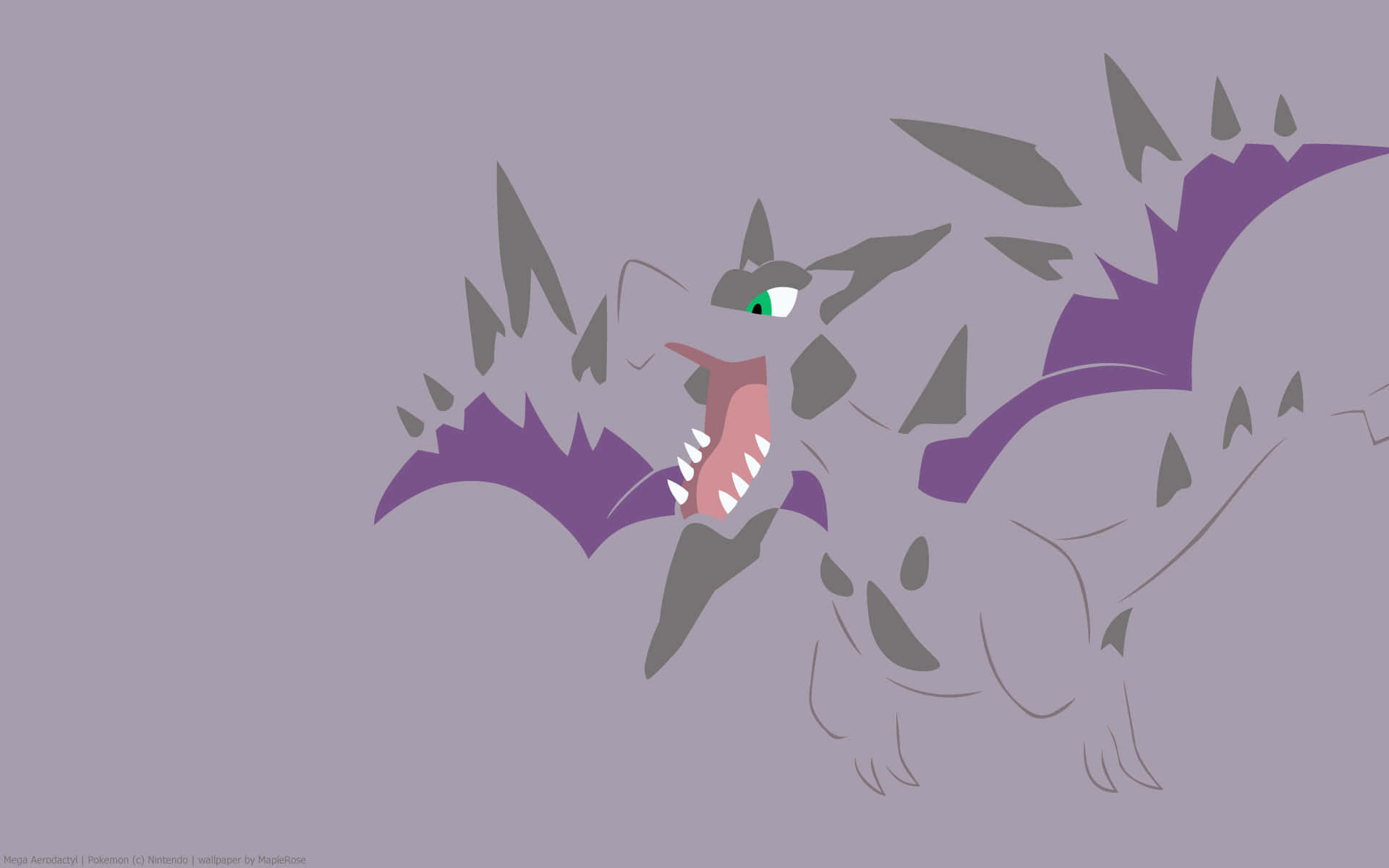 紫色極簡風格的 Mega Aerodactyl 壁紙 — 一隻風格化的超級耿鬼，擁有紫色翅膀和綠色眼睛，在純色薰衣草背景上咆哮。
