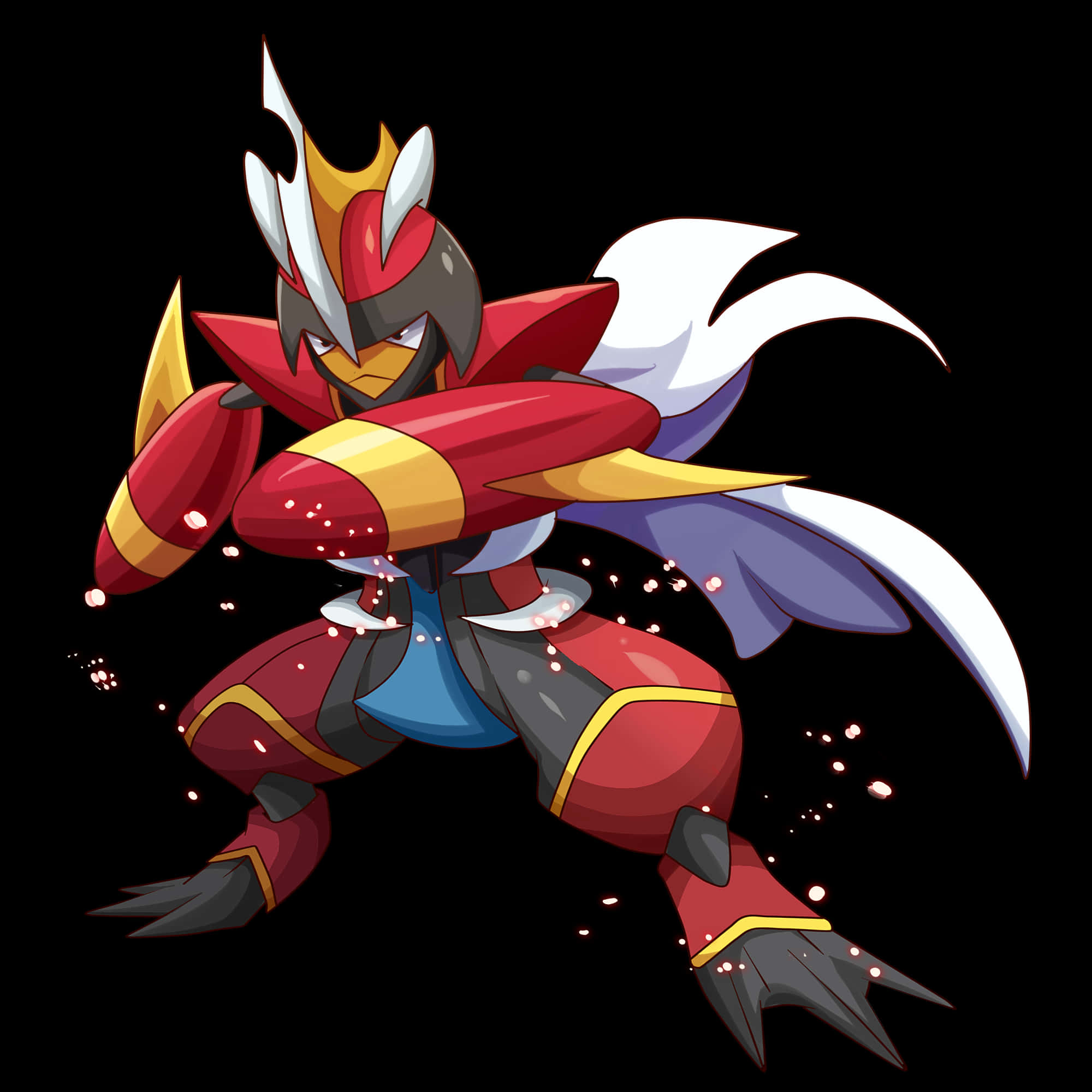 Mega Bisharp 絕版造型圖 壁紙 — 一隻動感十足的動漫風格寶可夢，身穿紅、金、藍色盔甲，在黑色背景上擺出強力姿勢，伴隨著發光粒子。