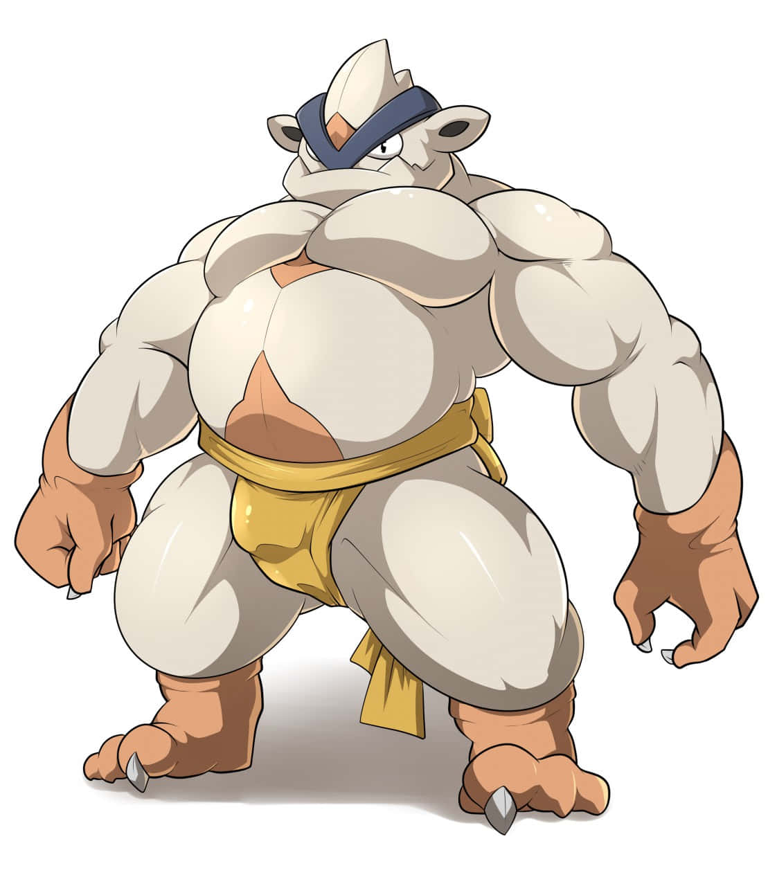 Mega Hariyama 藝術作品 壁紙 — 一個肌肉發達的白色動漫角色，有角和爪子，穿著黃色纏腰布和藍色頭帶，擺出強有力的姿勢。