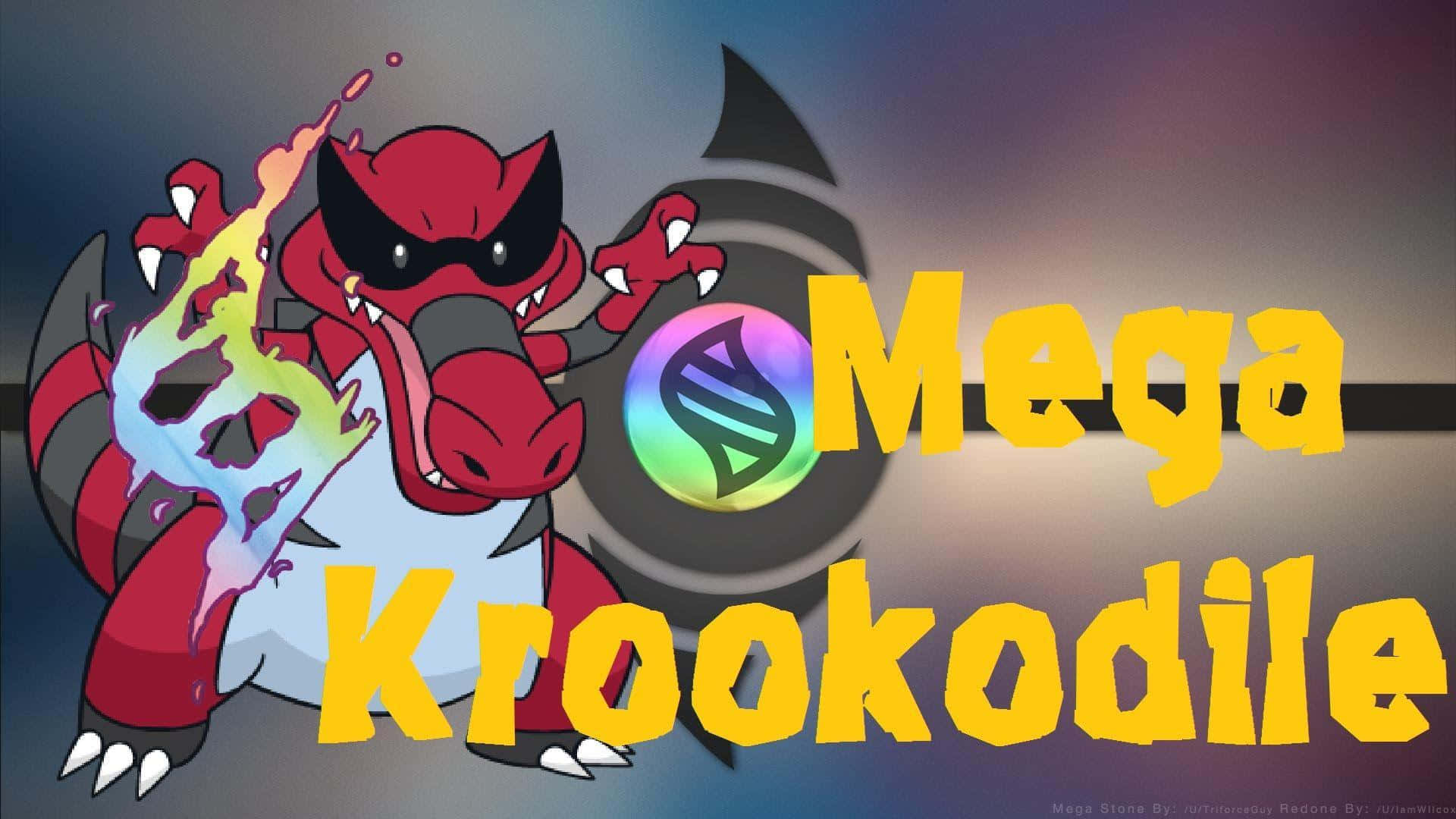 帶有發光能量和粗體文字的Mega Krookodile動漫角色。