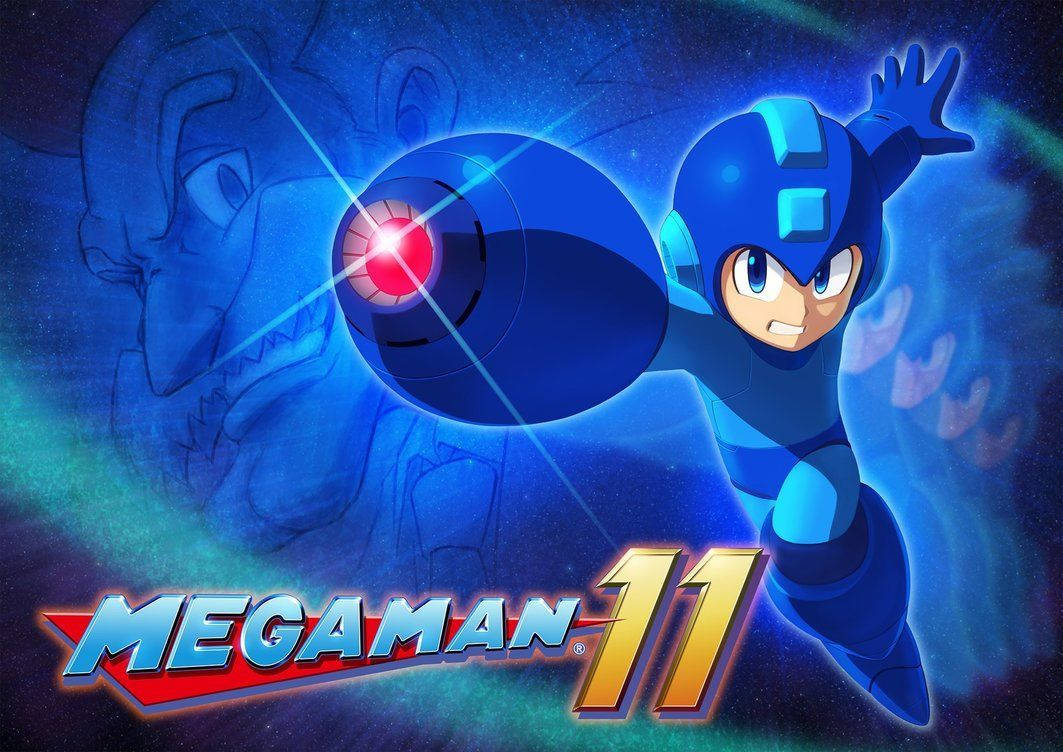 Mega Man 11 遊戲 壁紙 — 《洛克人11》身穿藍色盔甲的主角在宇宙藍色背景前，對著幽靈般的敵人剪影發射發光的紅色加農炮。