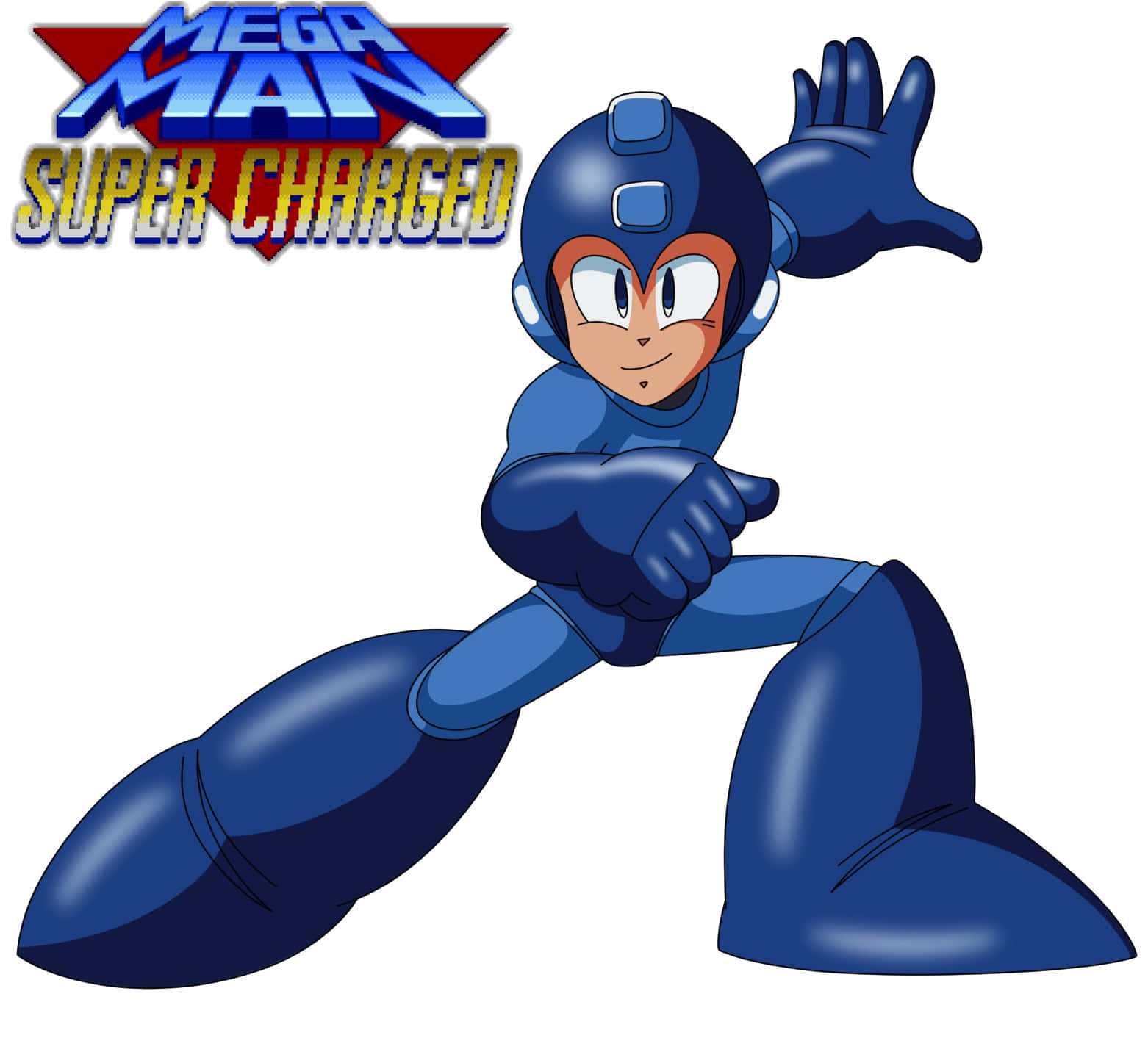 洛克人 桌布 壁紙 — Mega Man Super Charged 以動態姿勢展現，搭配大膽的藍色盔甲和上方標誌性標誌。