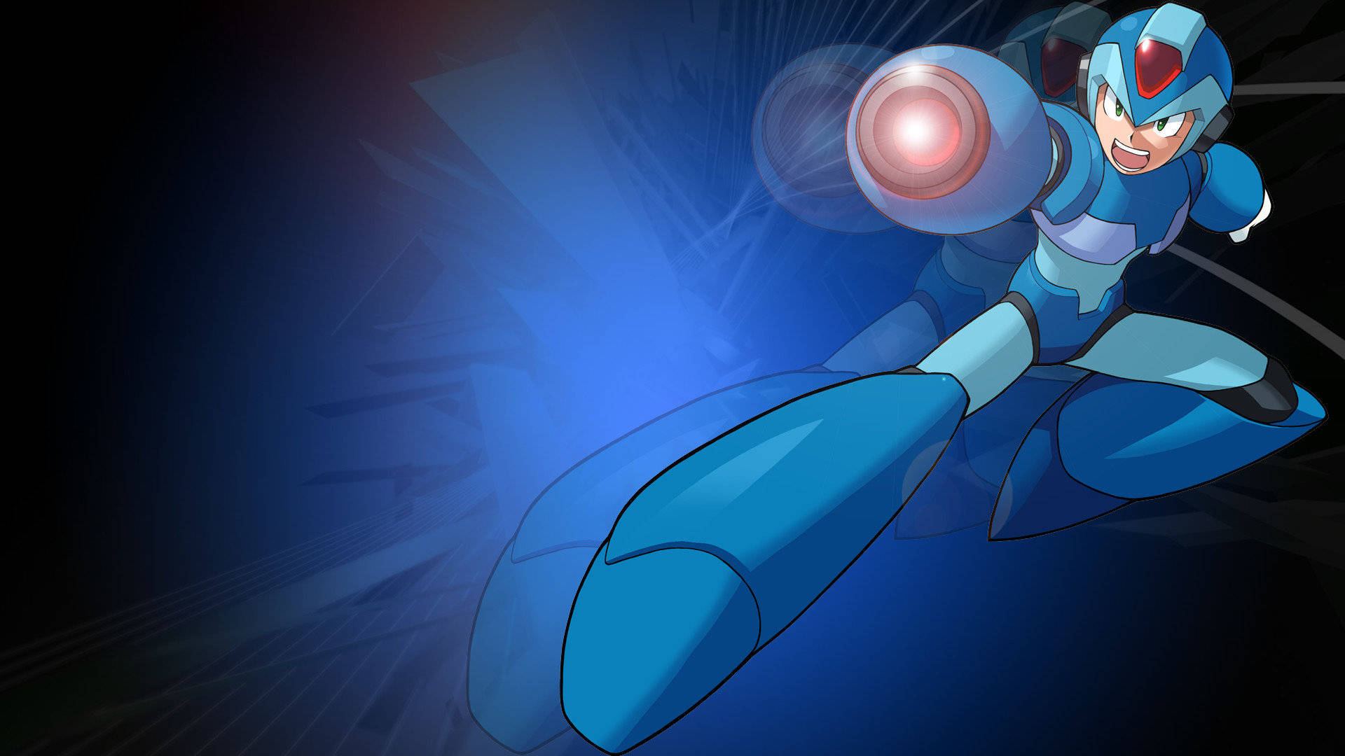 Mega Man X 遊戲 壁紙 — 藍色裝甲機械人英雄在動態飛行中，對著深藍色動態模糊背景發射發光的紅色大炮。