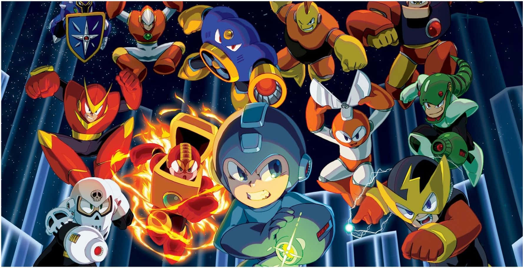 洛克人 桌布 壁紙 — Mega Man 和他的盟友英勇地站在一個星光燦爛的太空競技場中，周圍環繞著發光的能量效果。