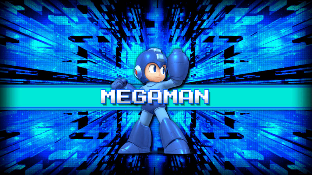 Mega Man 在網路世界 壁紙 — 經典藍色Mega Man英雄般地站在動態數碼藍色背景前，帶有像素化能量爆發。