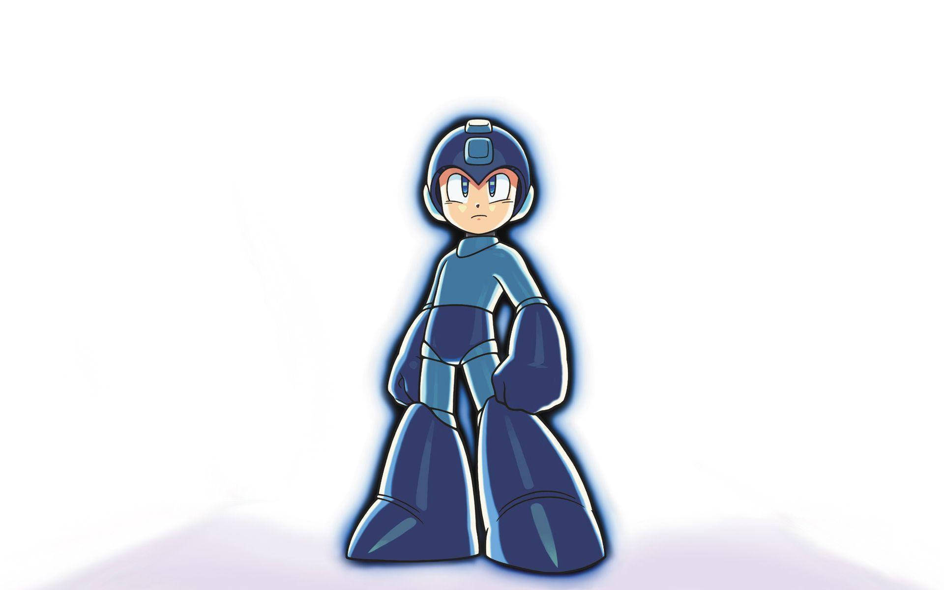 Mega Man 戰鬥機器人 壁紙 — 經典藍色裝甲機械人英雄 Mega Man 自信地站在明亮的白色背景上，帶有柔和陰影。
