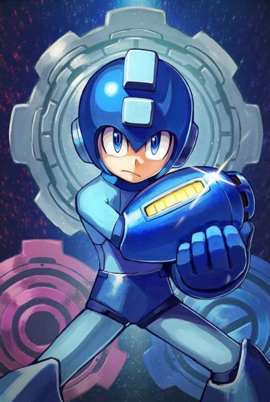 藍色裝甲嘅Mega Man喺宇宙齒輪背景下揸住發光嘅buster。