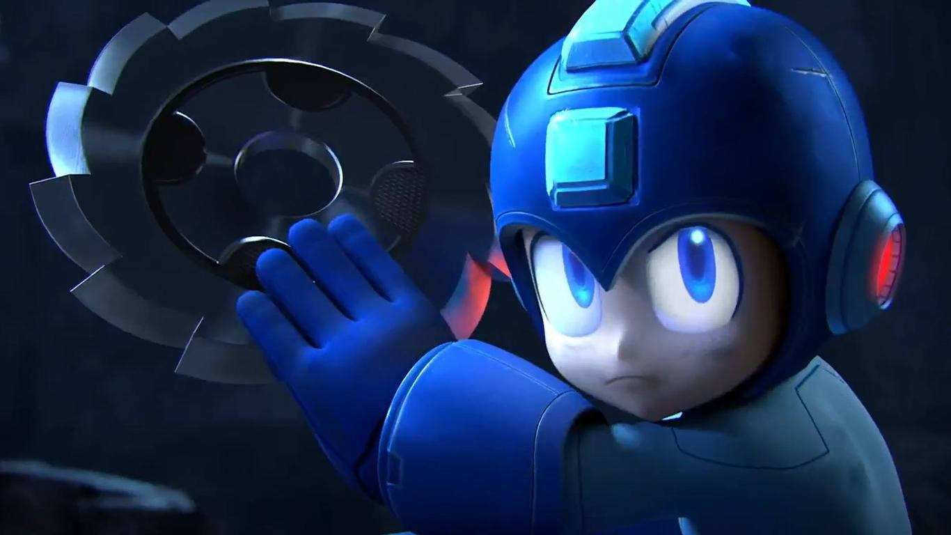 Mega Man 手持剃刀 壁紙 — 洛克人穿著藍色盔甲，在黑暗背景下手持旋轉齒輪武器。