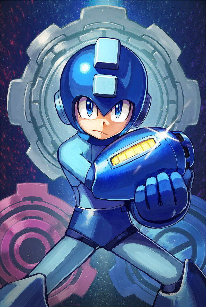 Mega Man 臂炮 壁紙 — 藍色裝甲Mega Man準備就緒，在宇宙齒輪主題背景中手持發光buster。