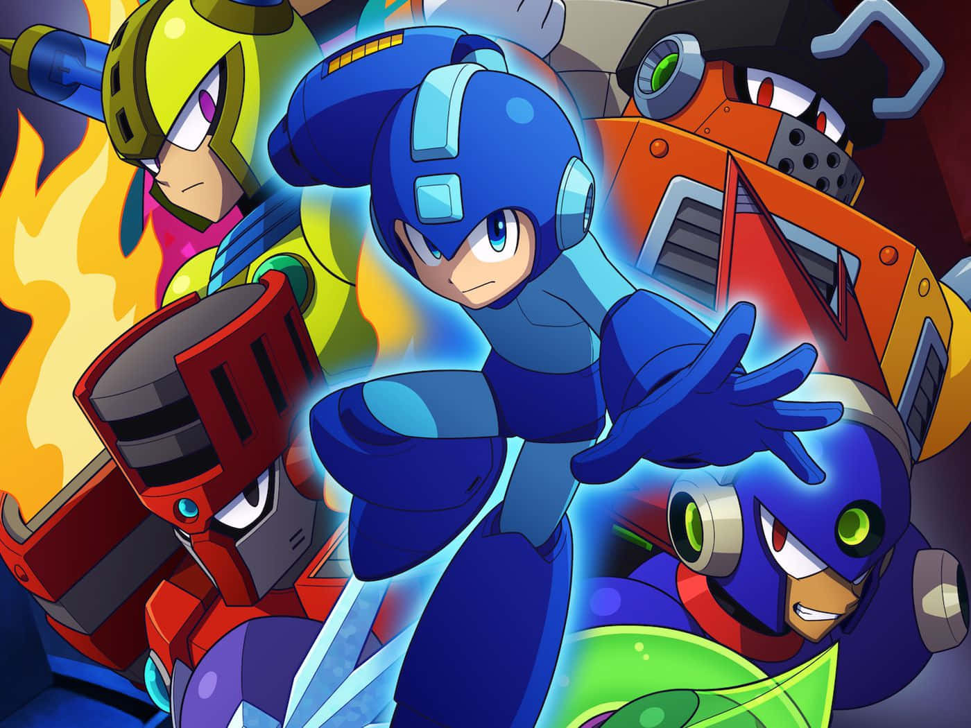 洛克人 桌布 壁紙 — Mega Man 身穿藍色盔甲，在充滿活力的動畫戰鬥場景中，被色彩繽紛的機器人盟友和敵人包圍，英勇地站立著。
