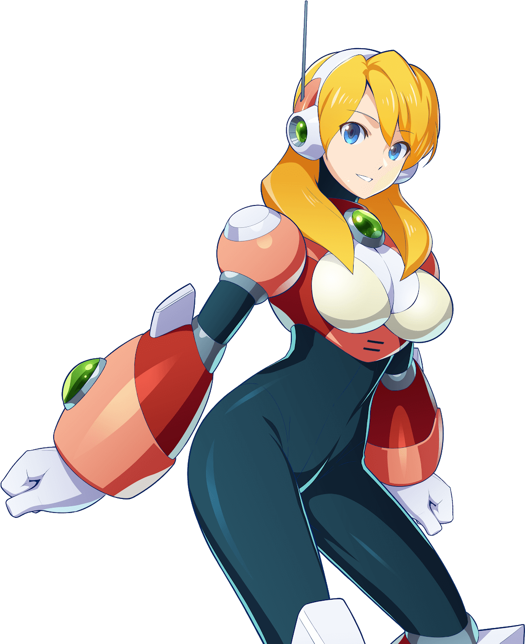 Mega Man系列角色Alia 壁紙 — 一個自信的動漫女孩，金髮綠眼，穿著紅白裝甲服，背景為黑色。