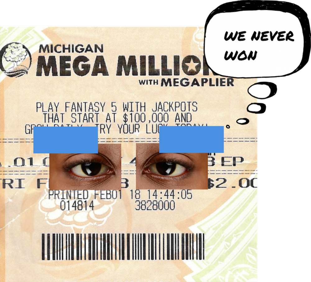 密歇根州Mega Millions彩票失望圖 壁紙 — 密歇根百萬大獎彩票的特寫，上面有一個對話氣泡，在兩隻銳利的眼睛上方寫著「我們從未中獎」。