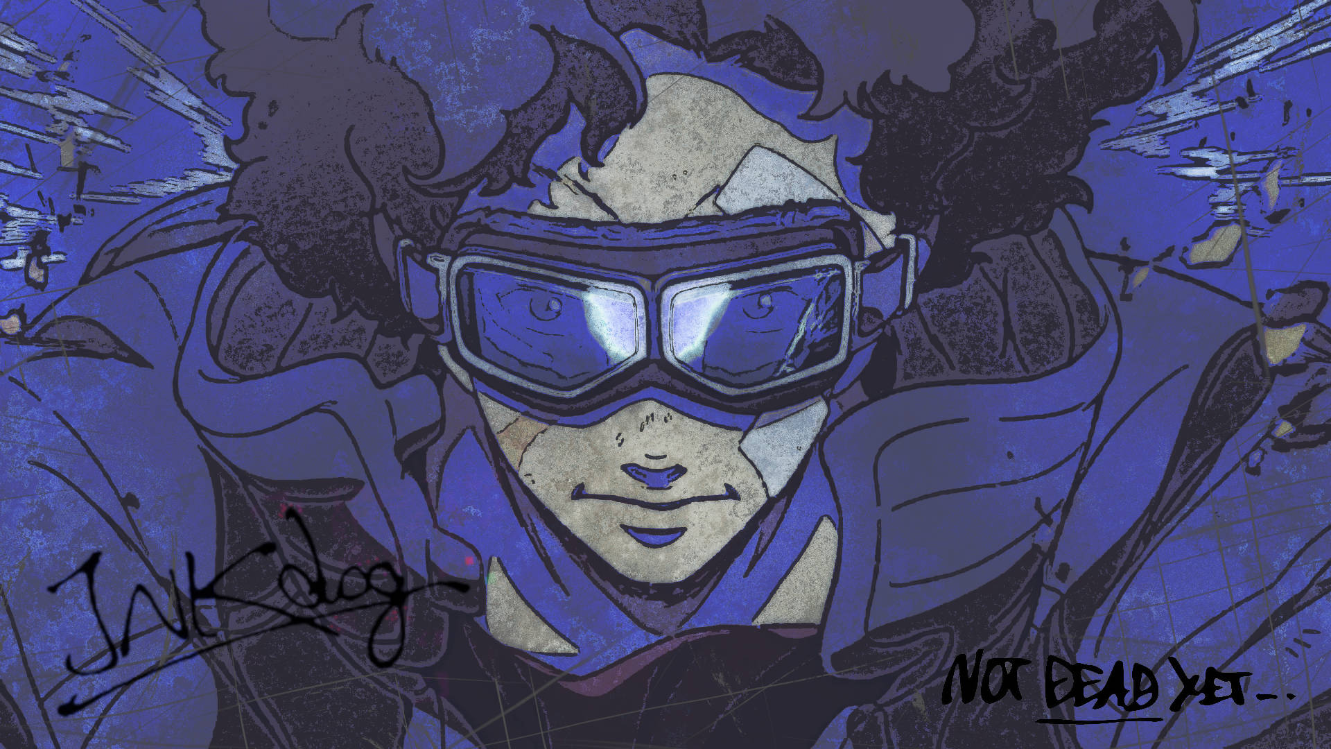 Megalo Box 藍色 壁紙 — 一個決心堅定的動畫機師，頭髮凌亂，戴著護目鏡，在破碎的藍色背景前凝視前方。