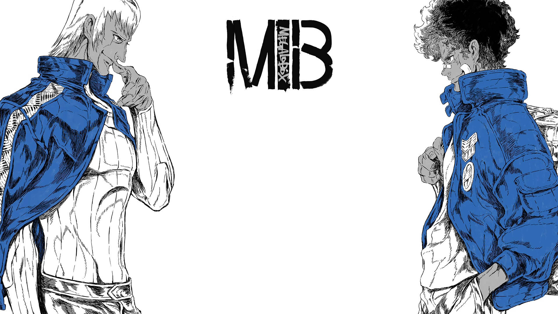 Megalo Box 尤里對戰喬 壁紙 — 兩個身穿藍色外套的動漫角色面對面，中間有粗體的MIB標誌。