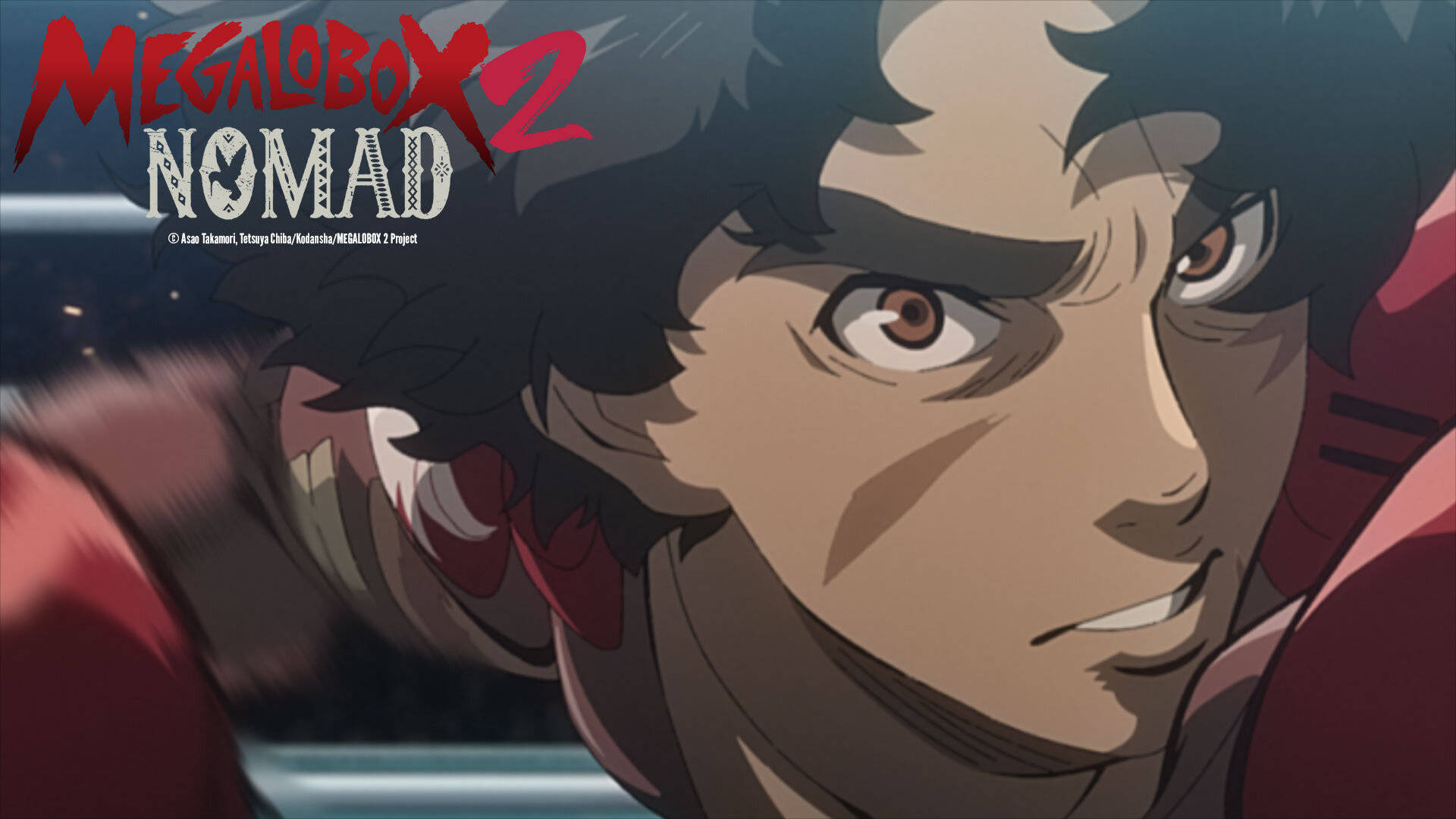 Megalo Box 2 流浪者 壁紙 — 一個堅定的動畫主角，深色頭髮和銳利的眼睛，在動態特寫鏡頭中向前凝視。